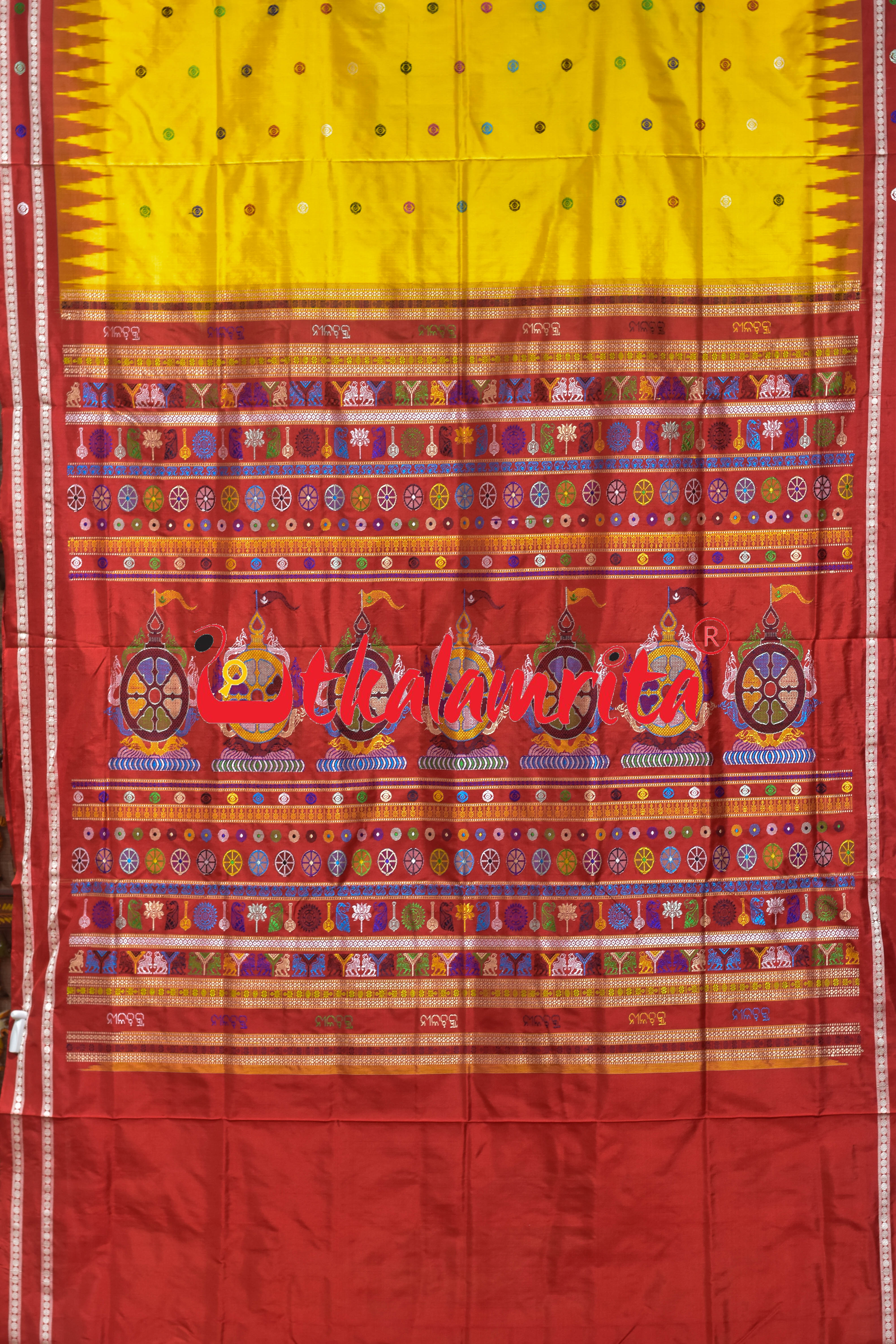Yellow Red Nilachakra Bomkai Silk Saree