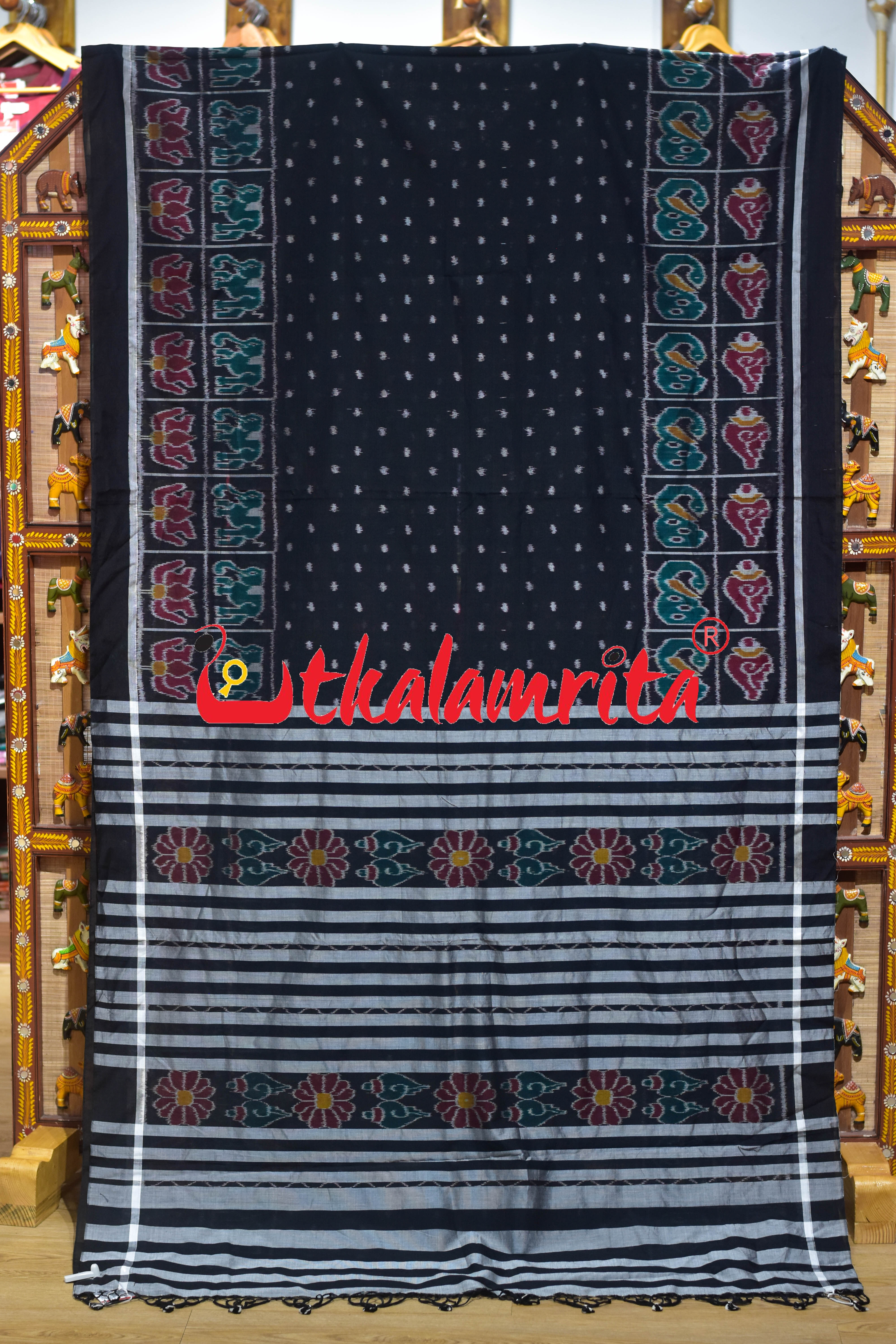 Black Dotted Body Nabarangi Style Borders Khandua Cotton Saree
