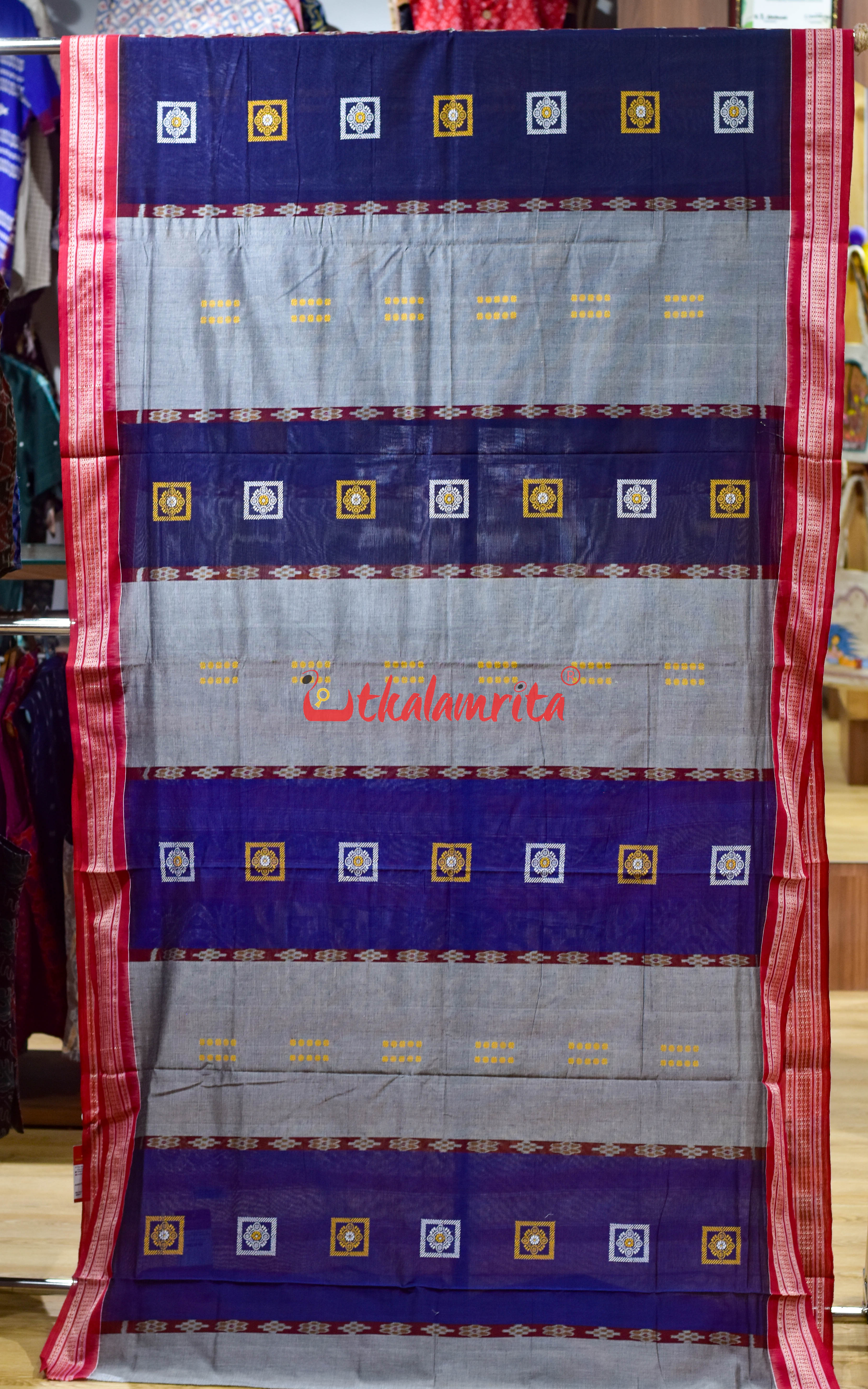 Blue Grey Pere Bandha Bomkai Cotton Saree
