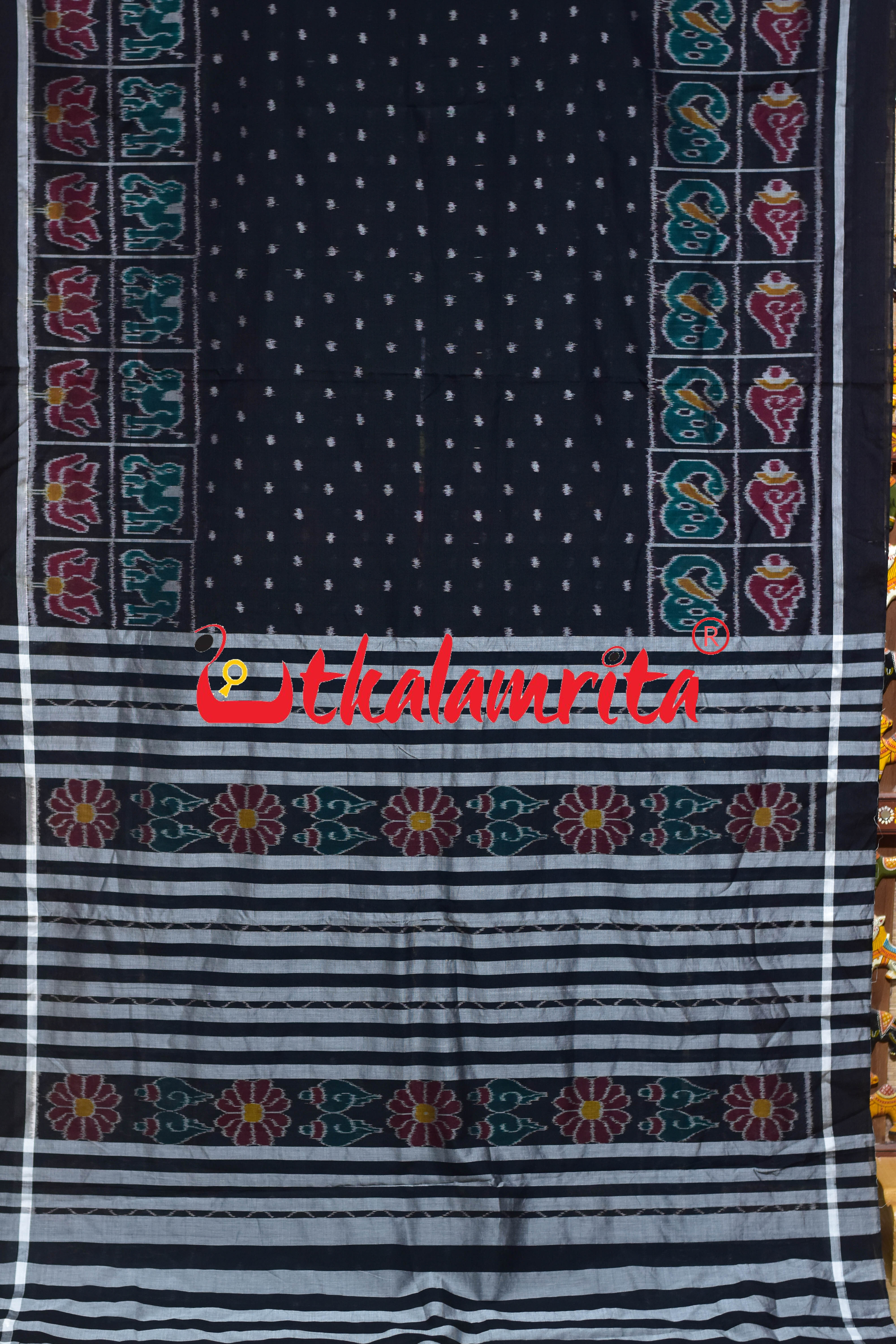 Black Dotted Body Nabarangi Style Borders Khandua Cotton Saree