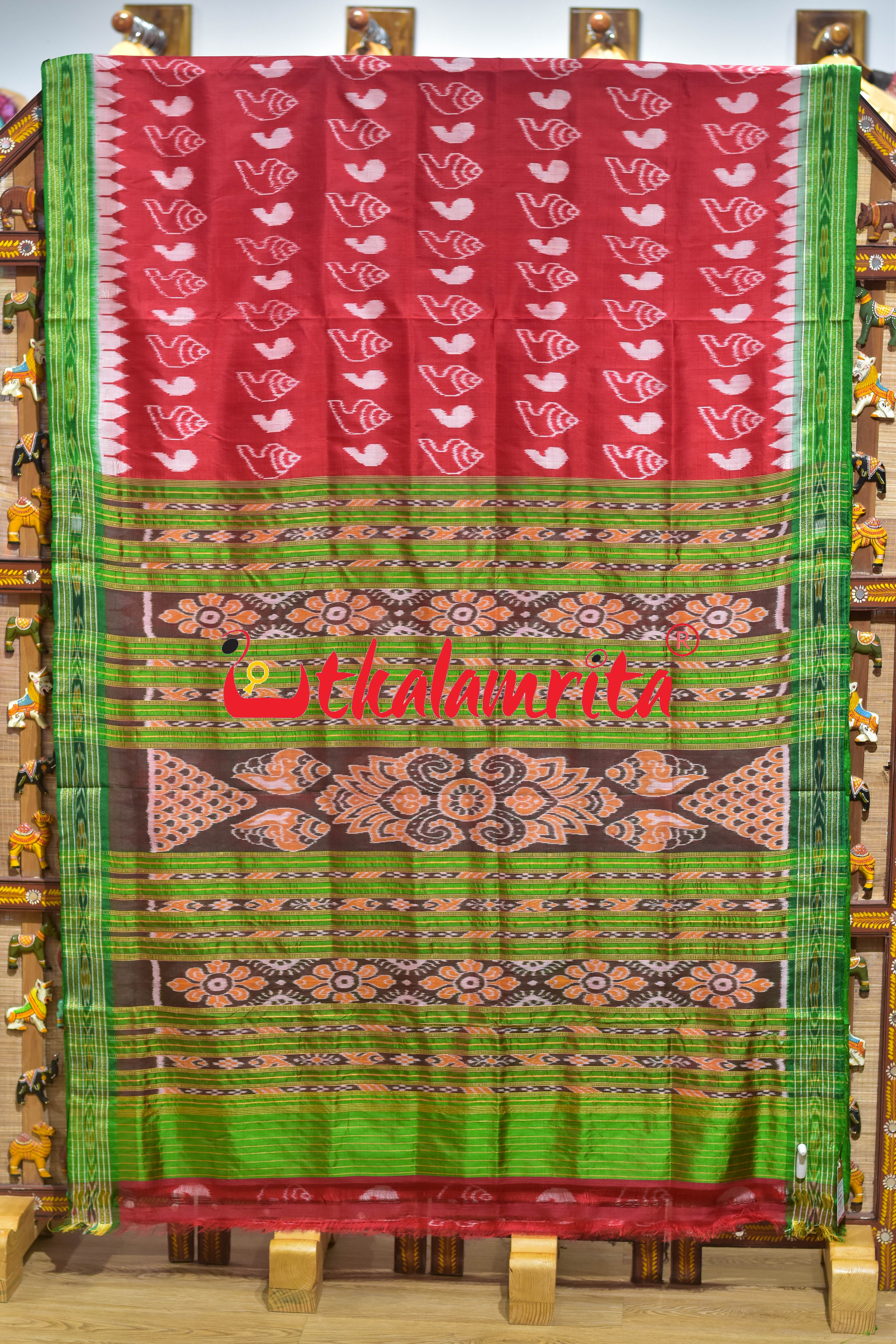 Red Body Sankha with Green Border Khandua Silk Saree
