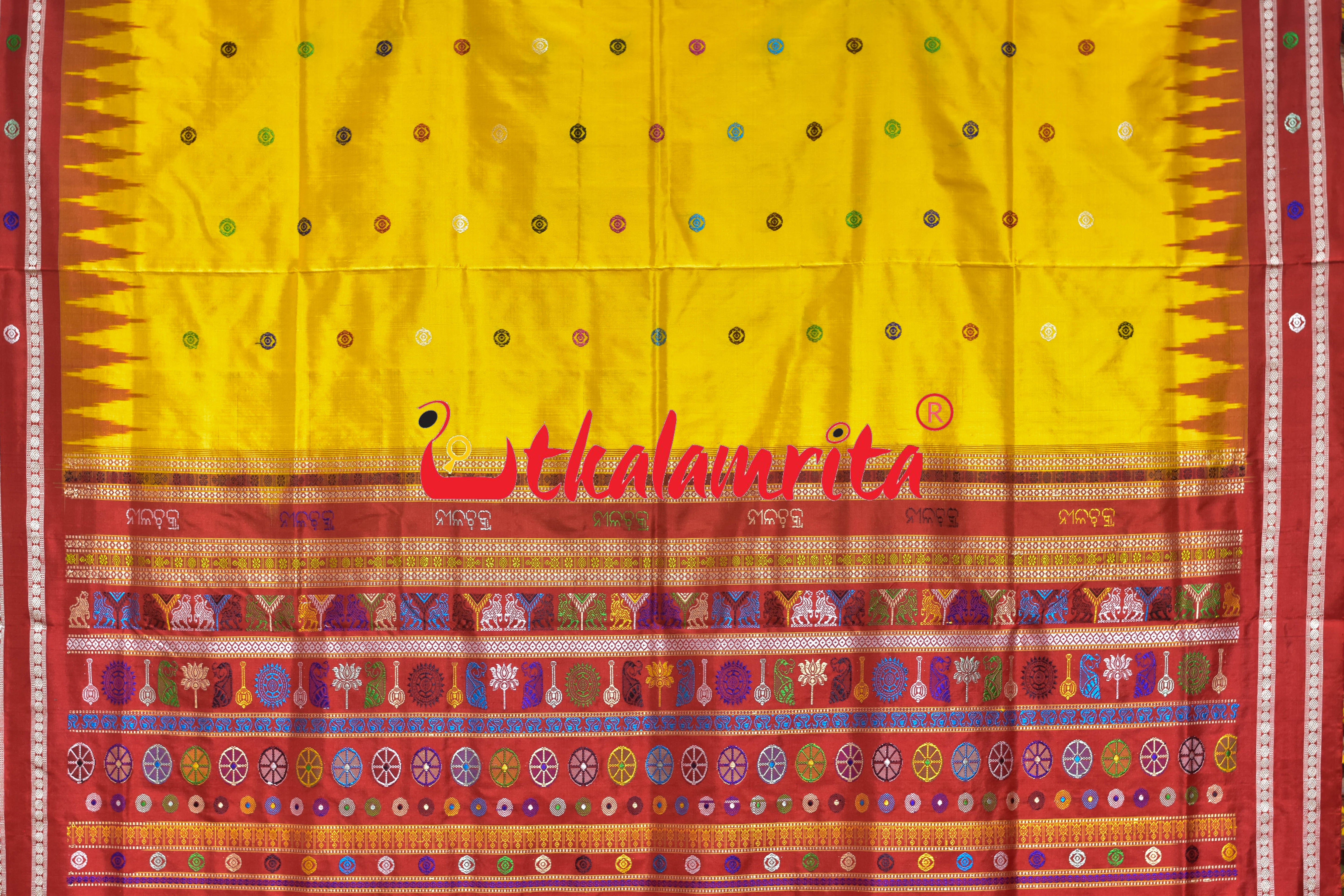 Yellow Red Nilachakra Bomkai Silk Saree