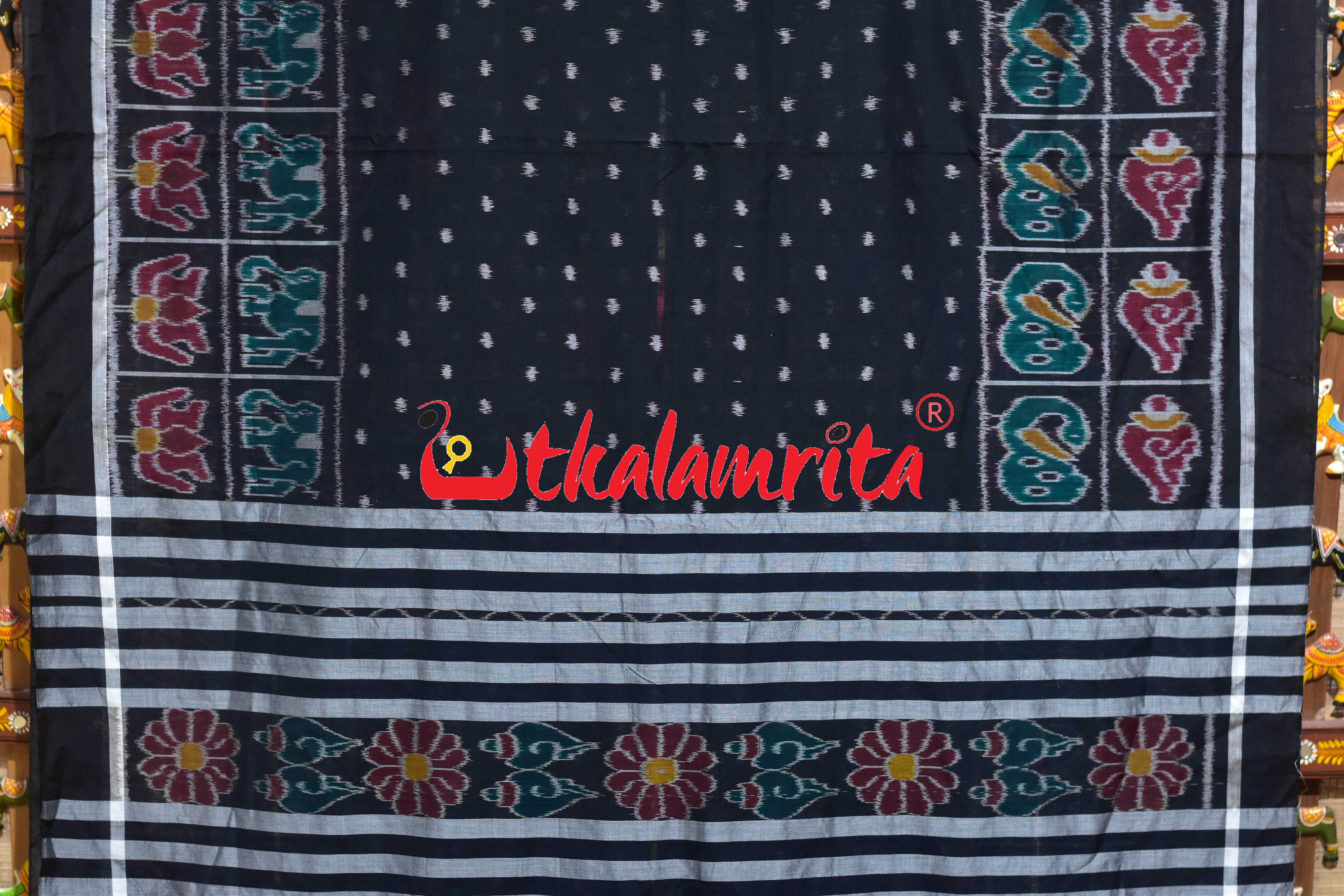 Black Dotted Body Nabarangi Style Borders Khandua Cotton Saree