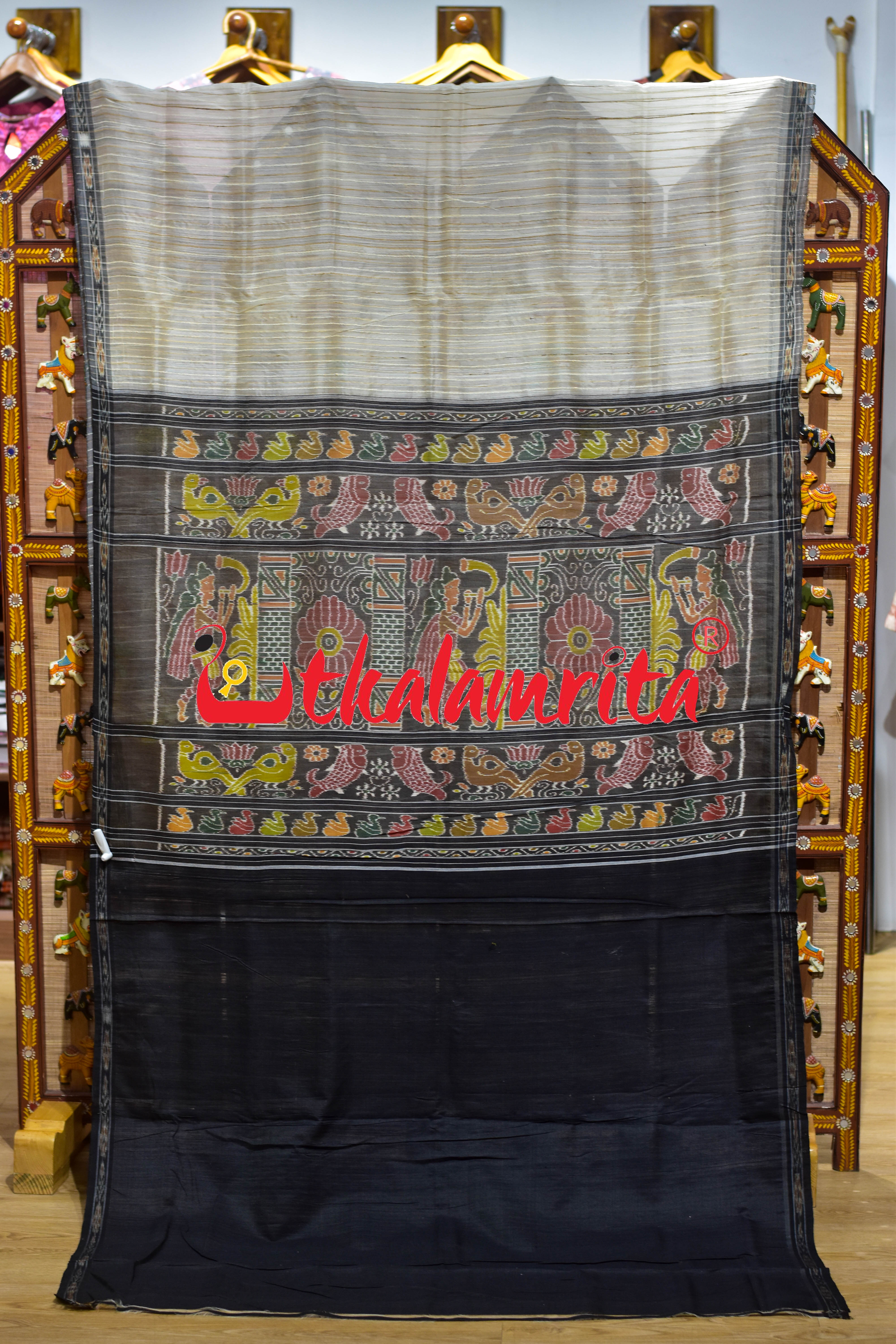 Off White Black Eri Mulberry Khandua Silk Saree