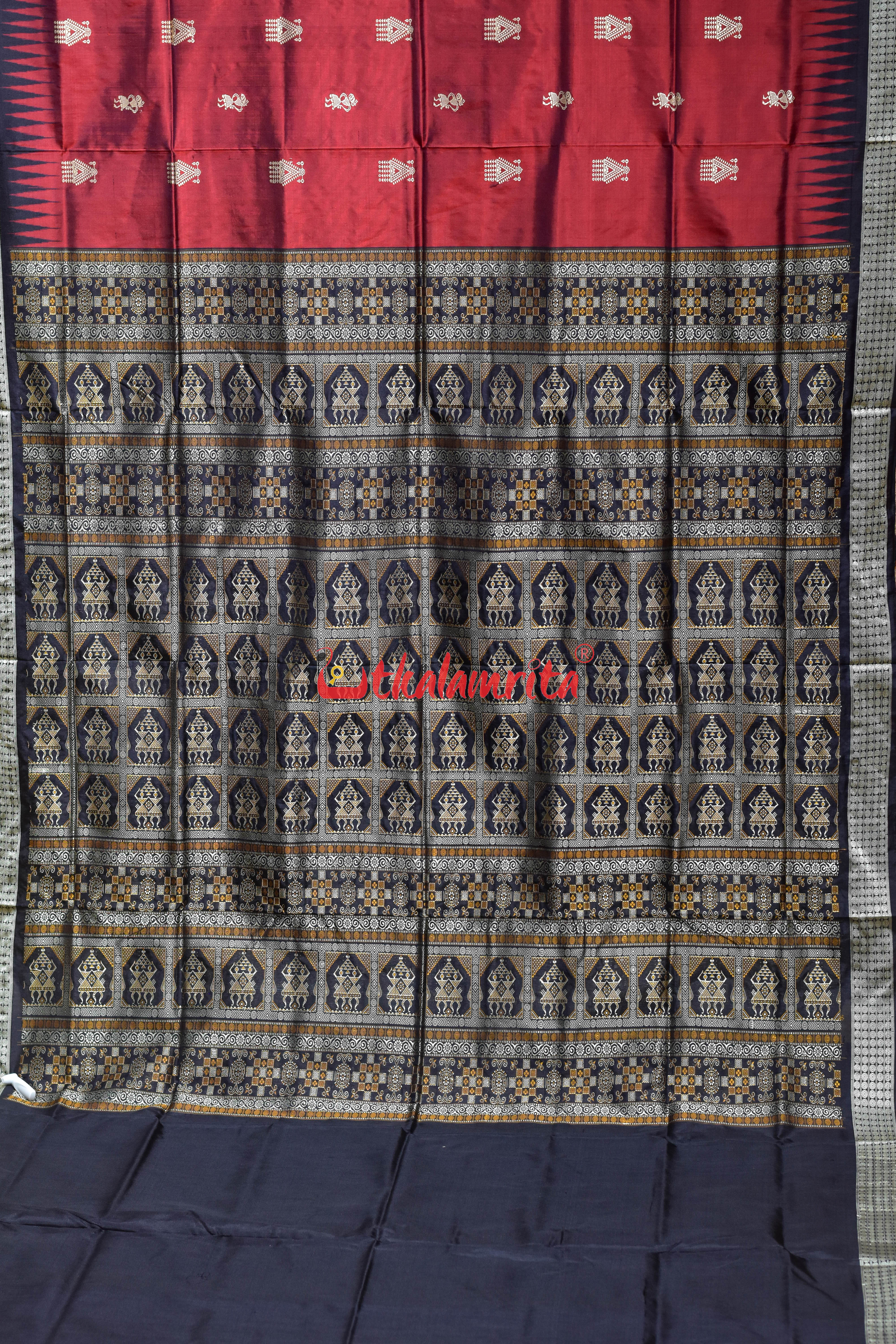 Red Black Body Mukuta Bomkai Silk Saree