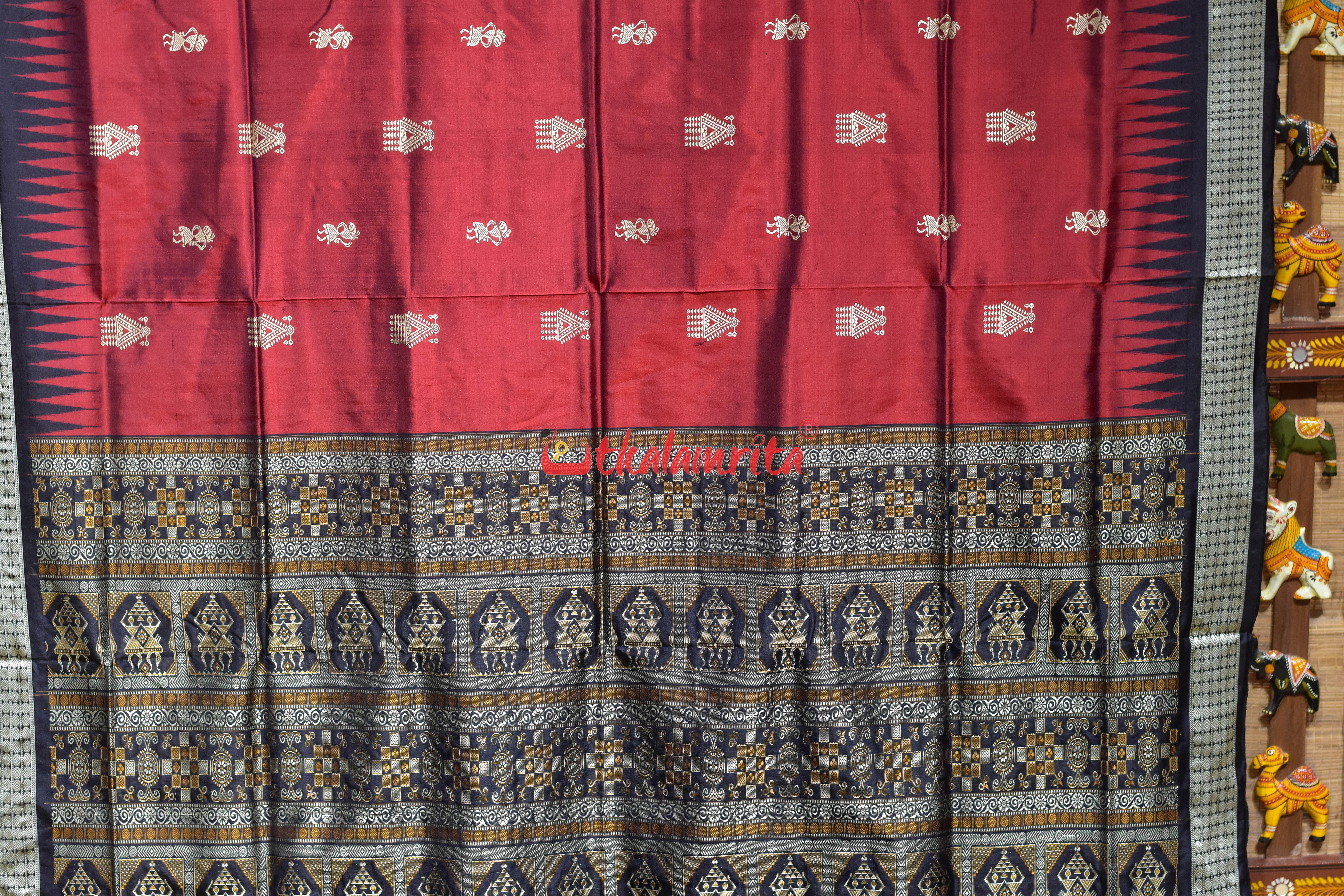 Red Black Body Mukuta Bomkai Silk Saree