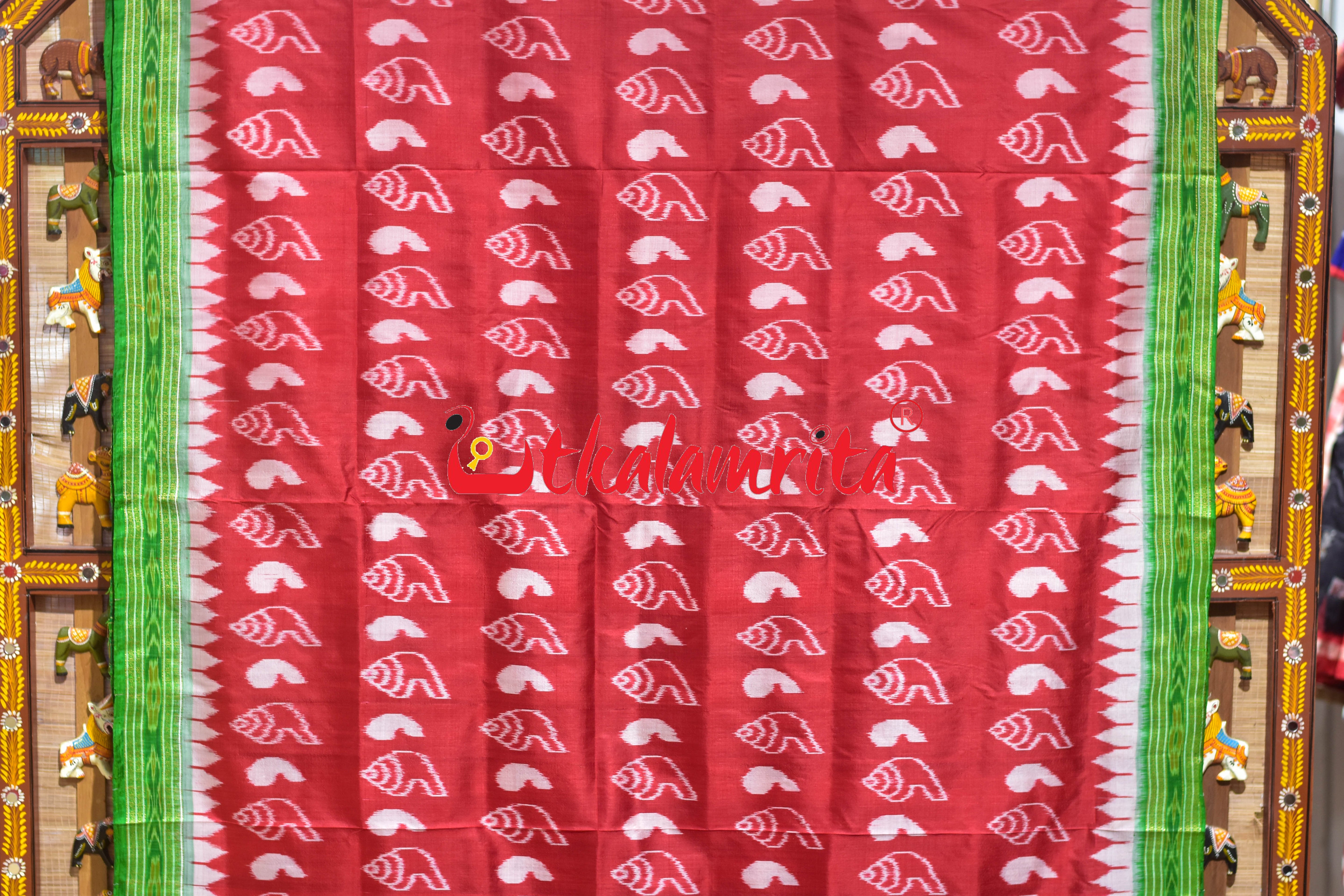Red Body Sankha with Green Border Khandua Silk Saree