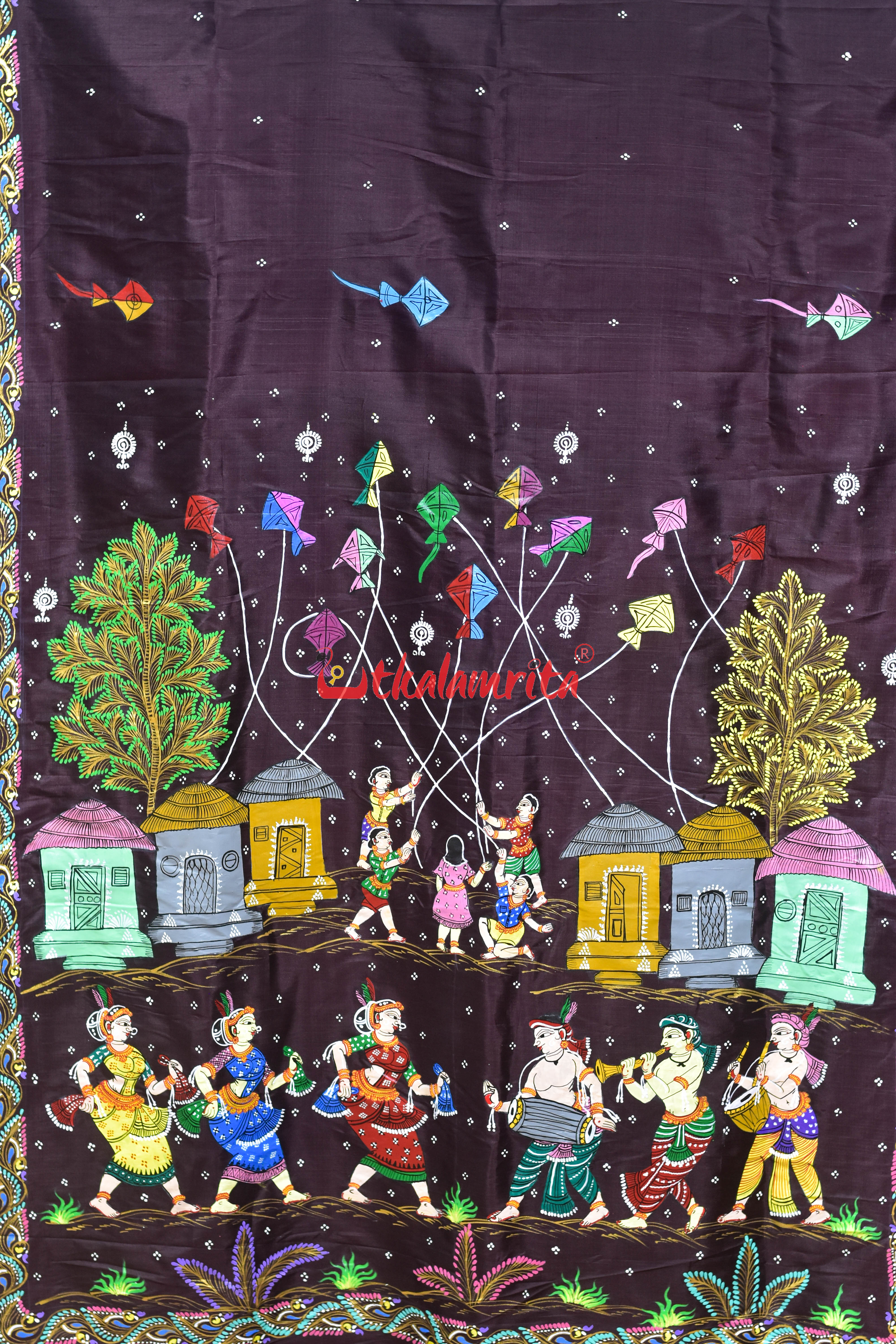 Coffee Makara Sankrati Pattachitra Silk Saree