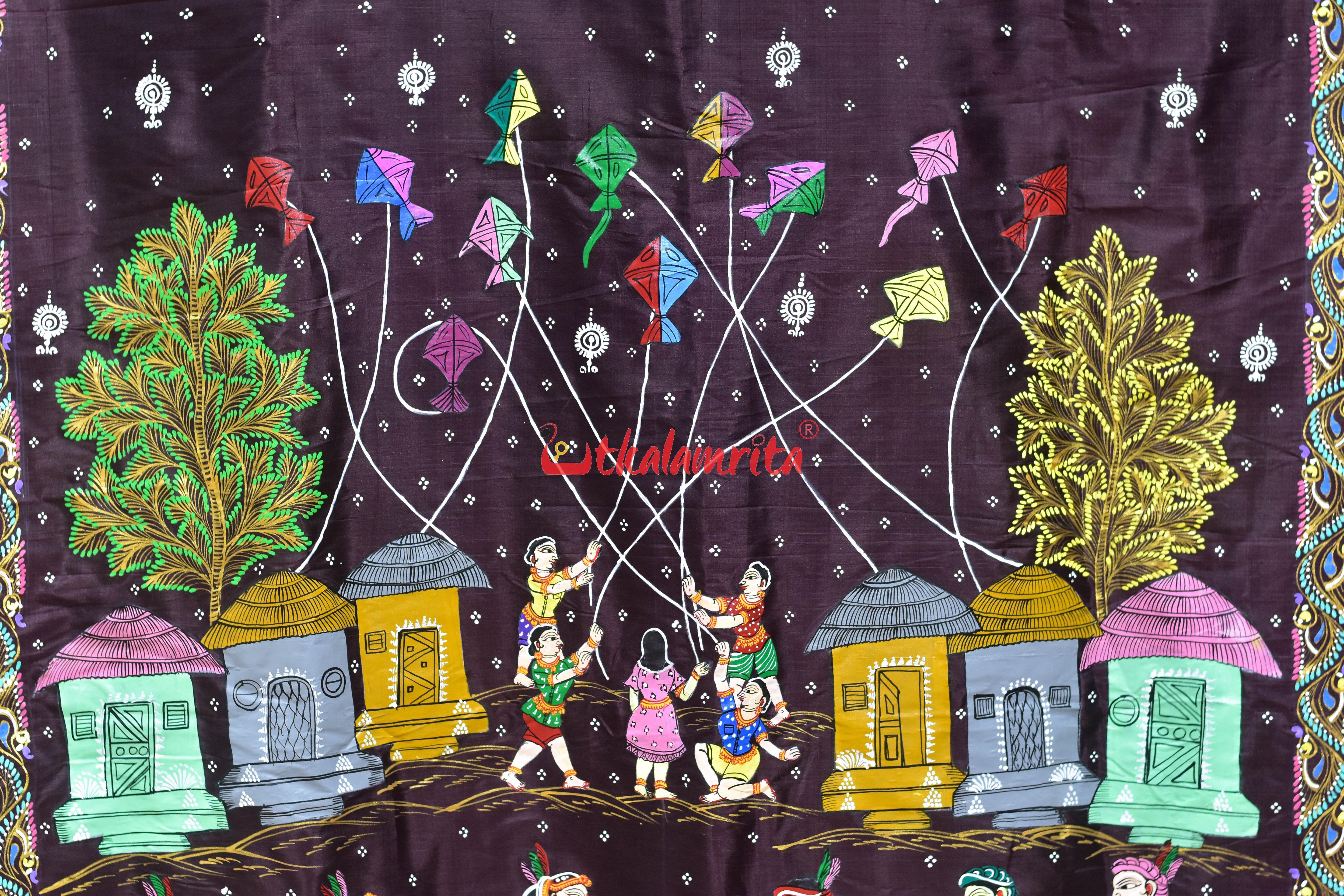 Coffee Makara Sankrati Pattachitra Silk Saree