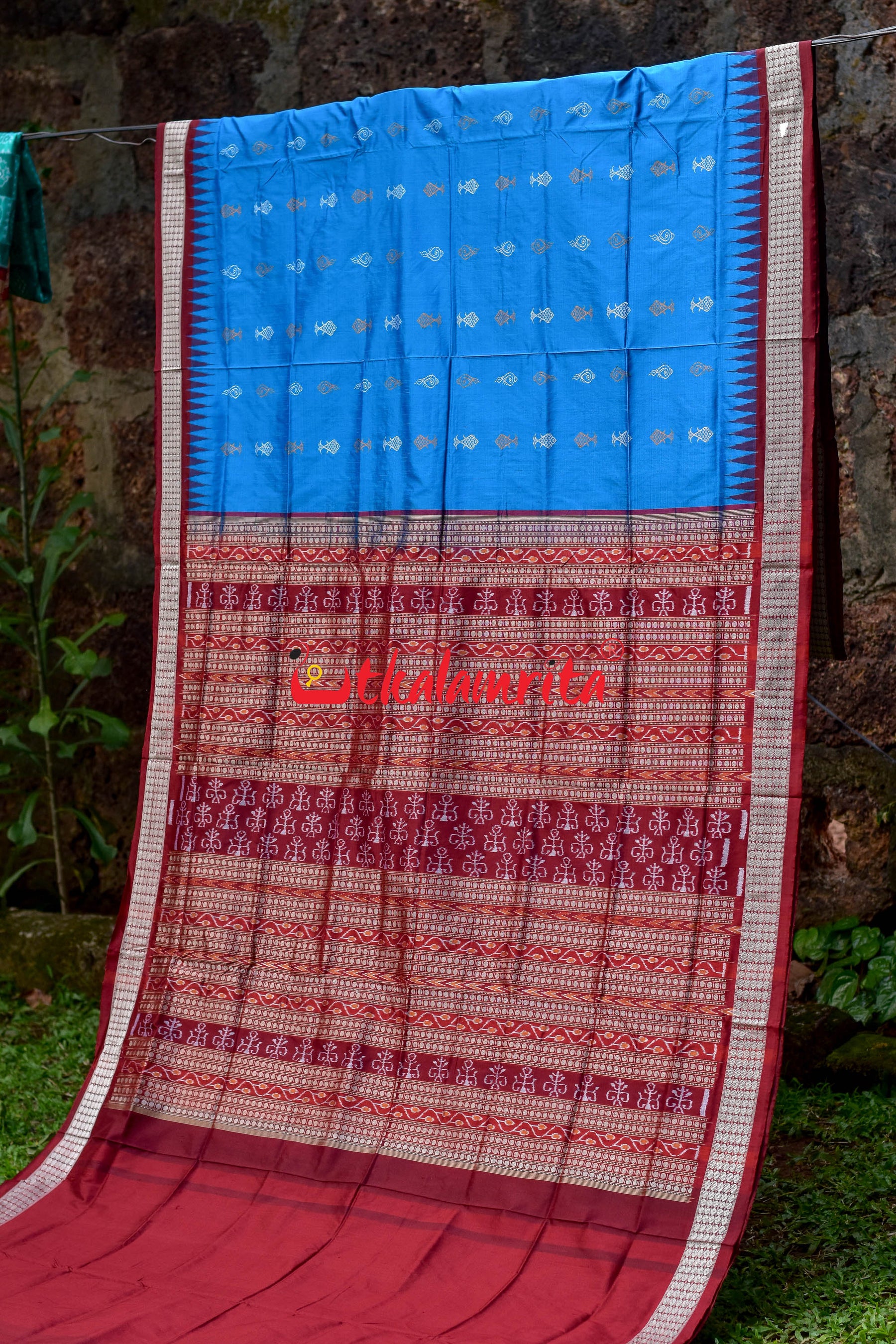 Blue Sankh and Fish Bomkai Sambalpuri Silk