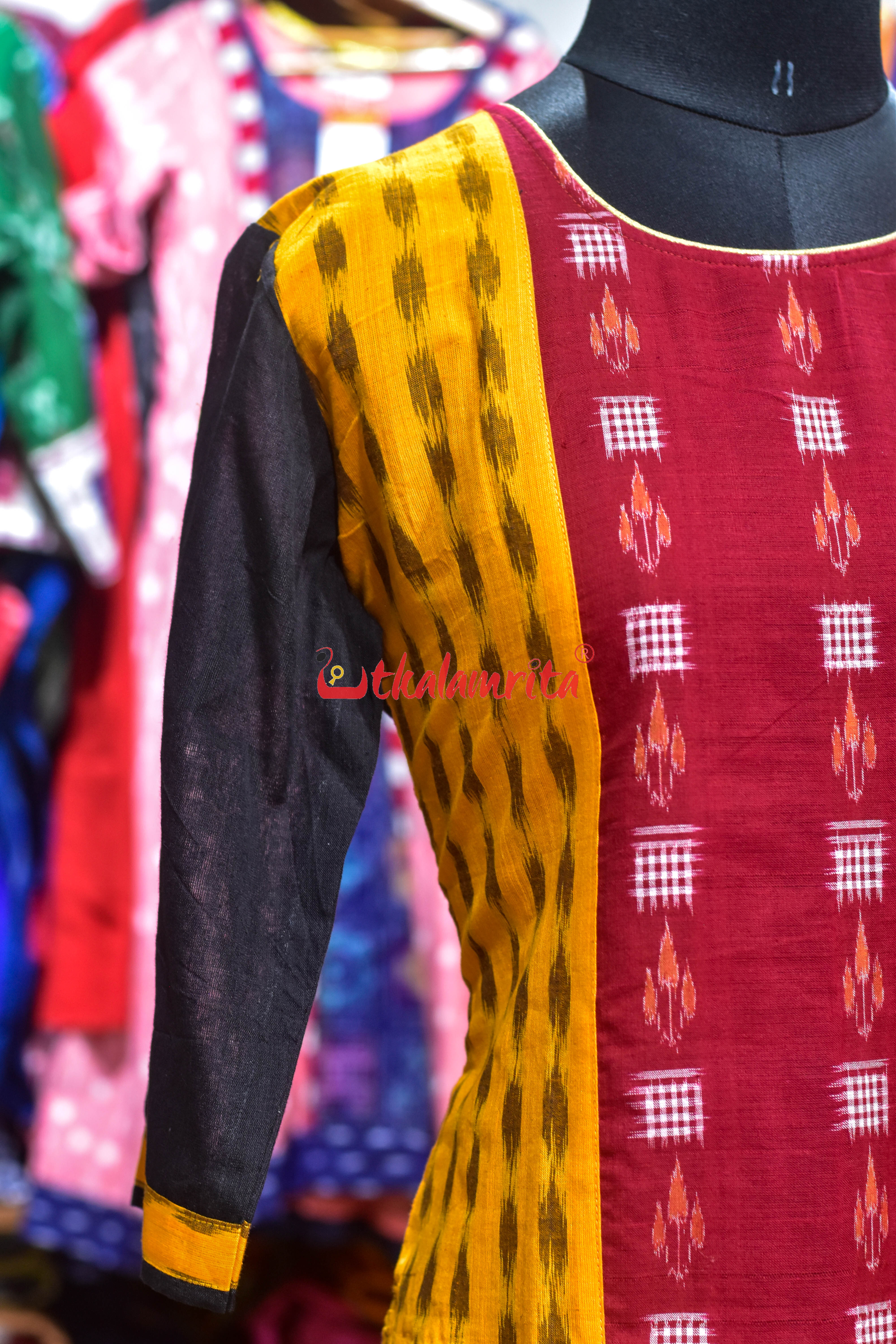 Maroon Mustard Ikat Elegance (Ladies Kurti)