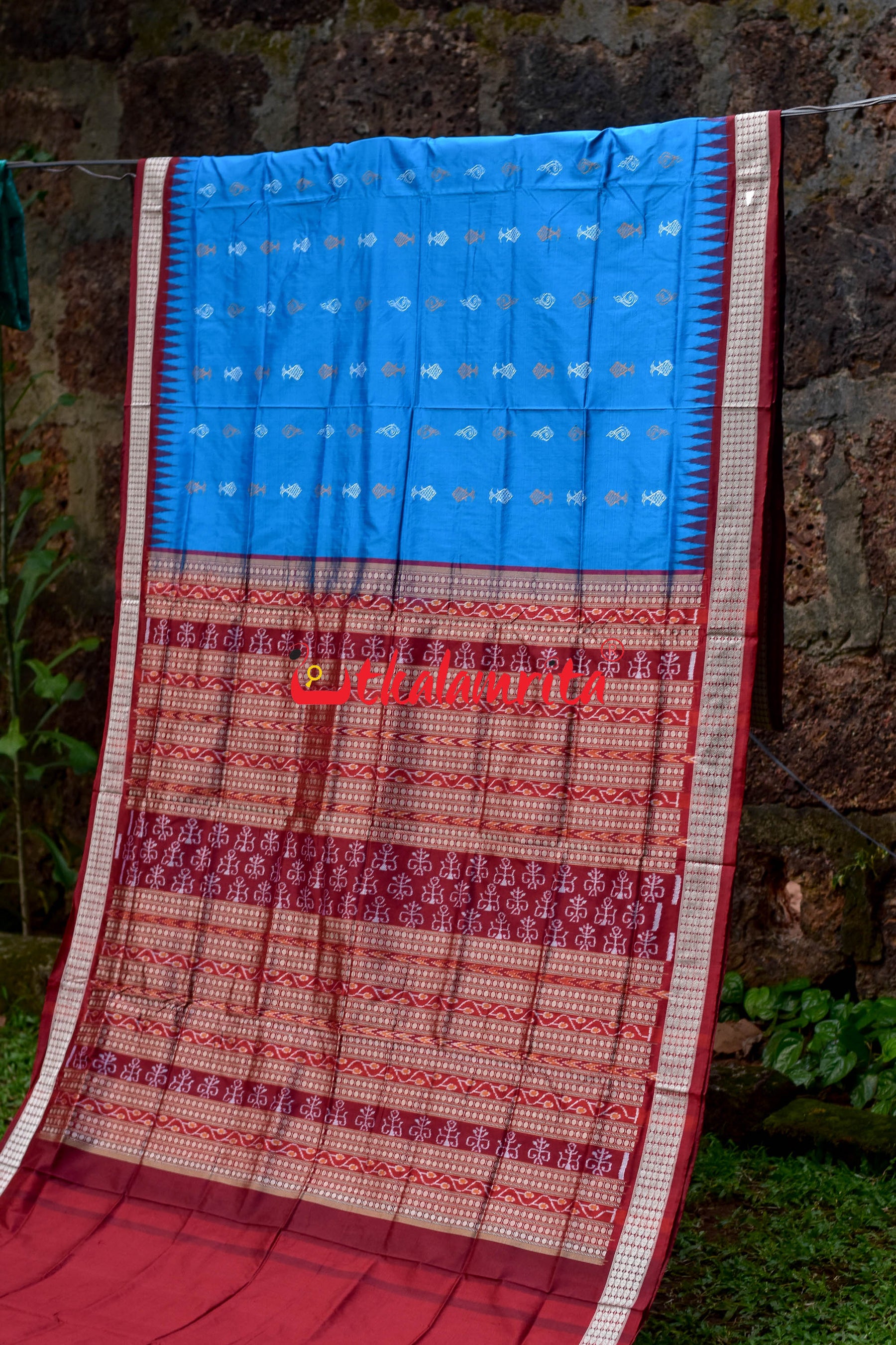 Blue Sankh and Fish Bomkai Sambalpuri Silk
