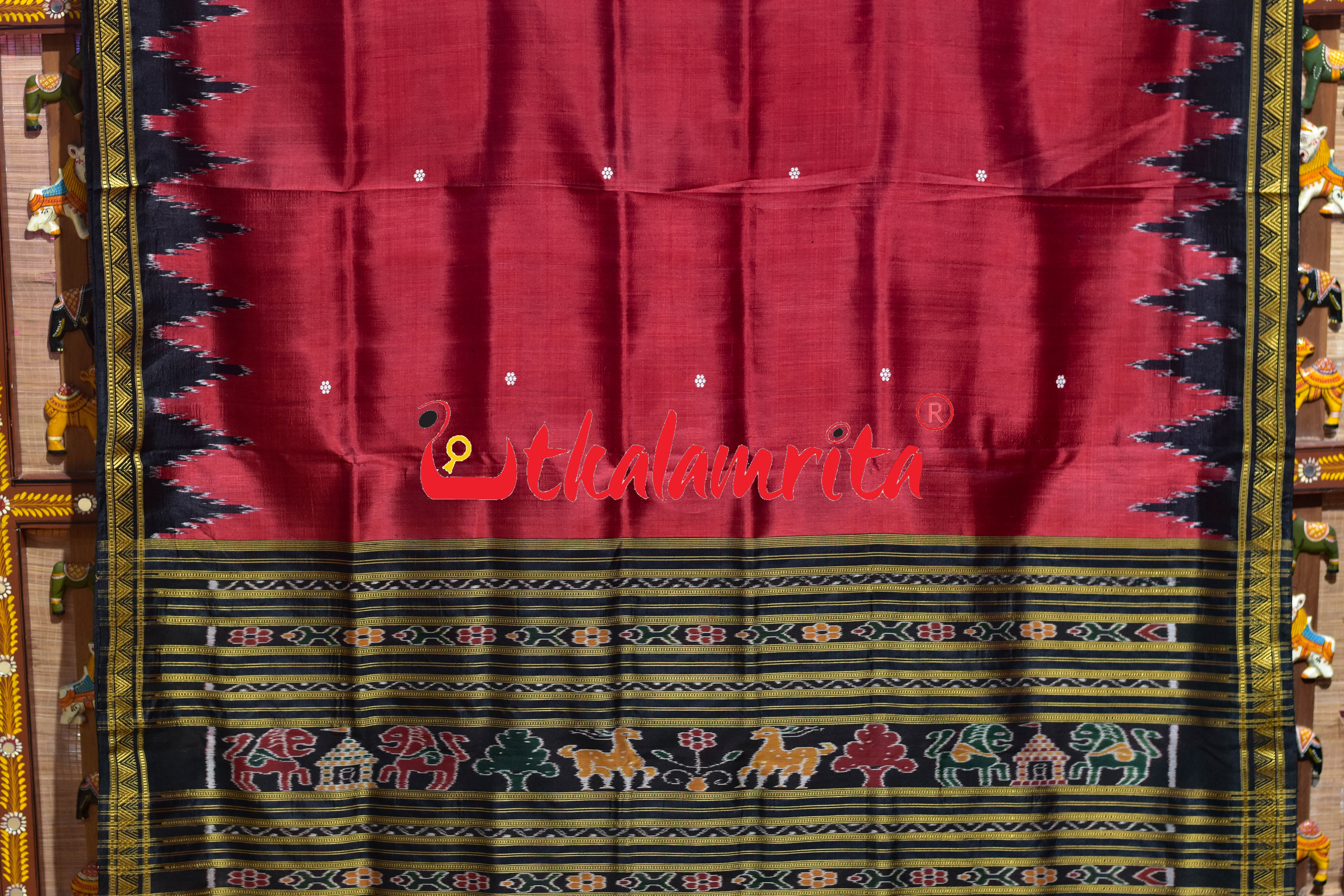 Red Dongria Border Animal Anchal Khandua Silk Saree