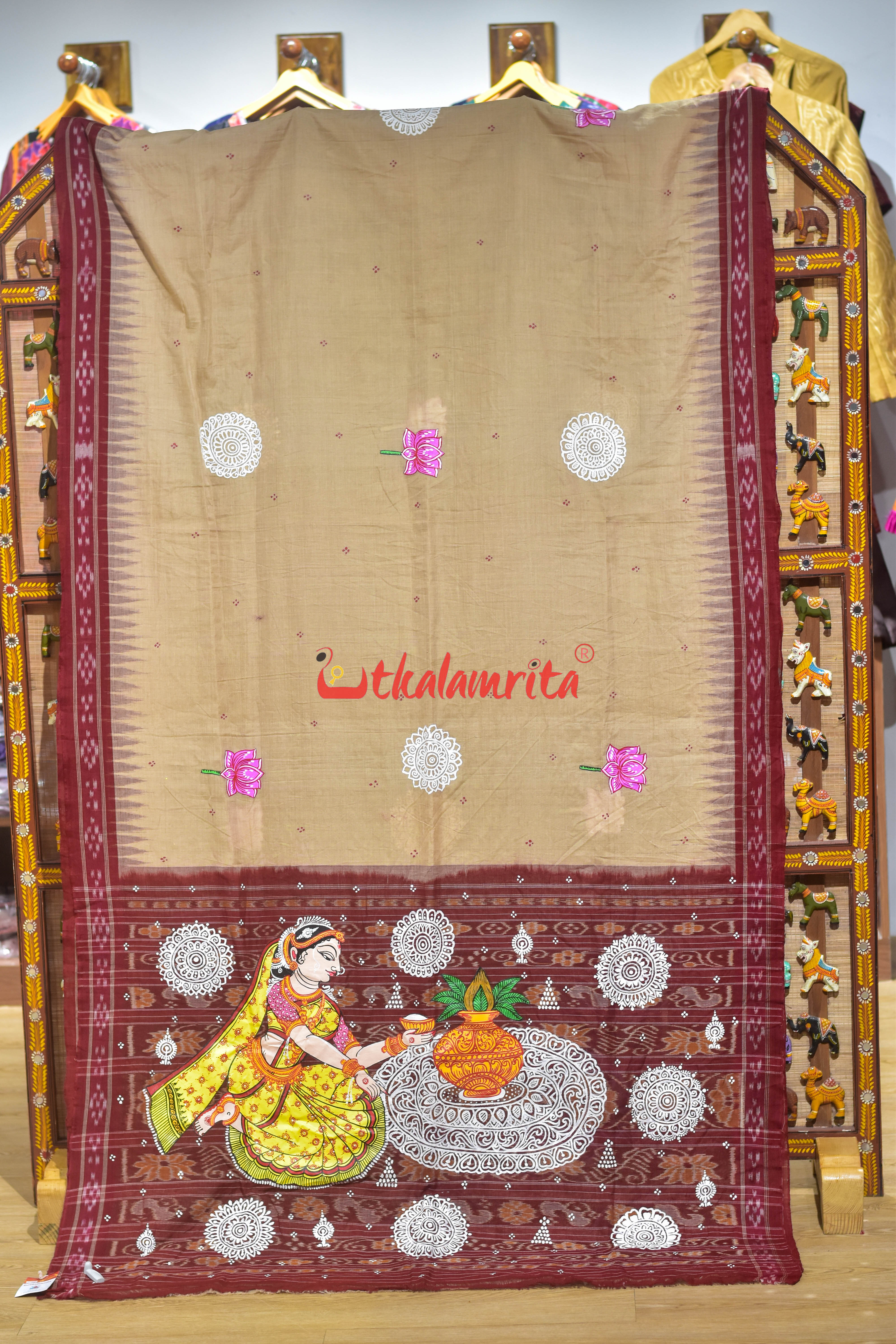 Ghee Maroon Chita Jhoti Pattachitra Cotton Saree