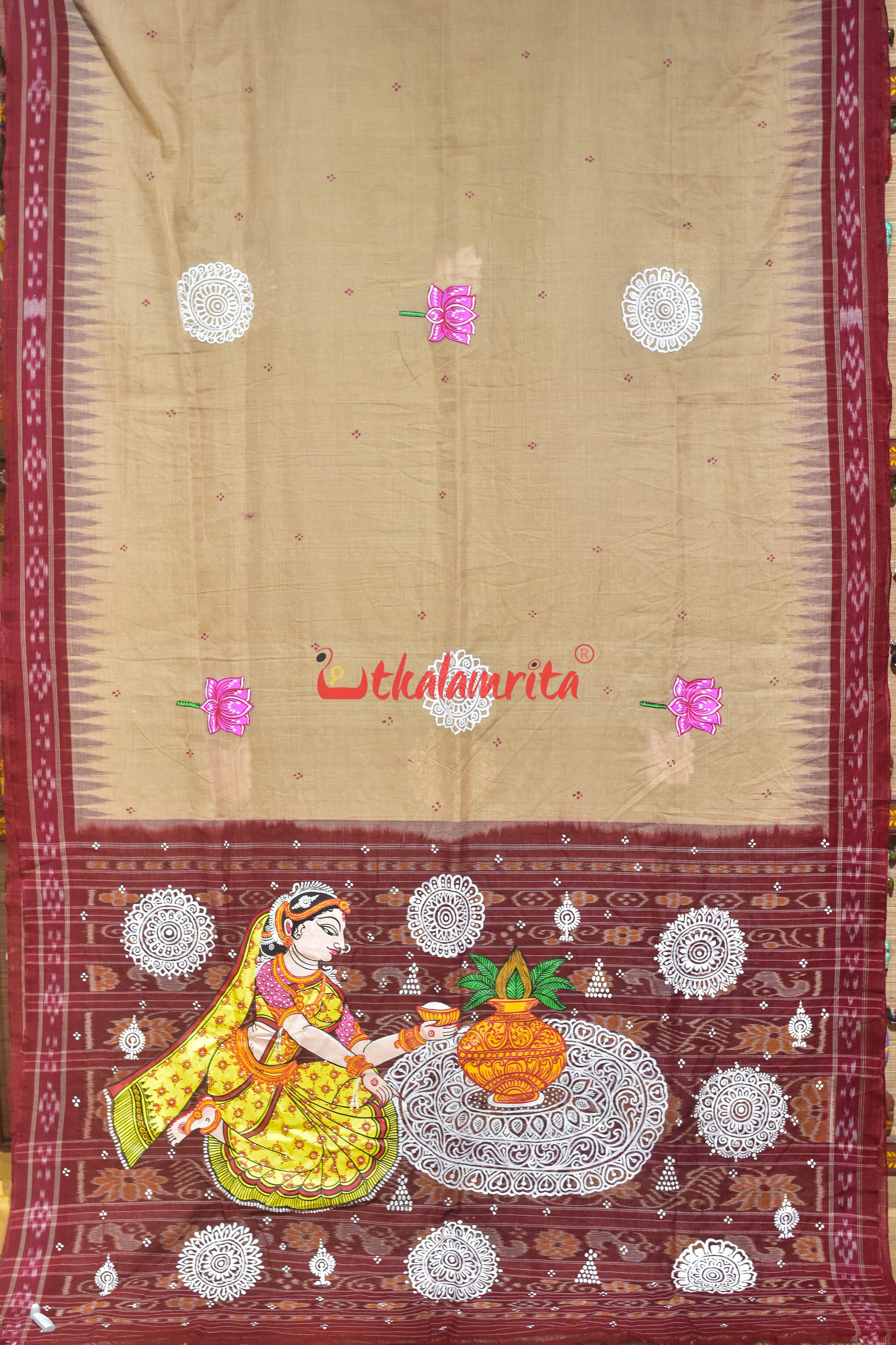 Ghee Maroon Chita Jhoti Pattachitra Cotton Saree