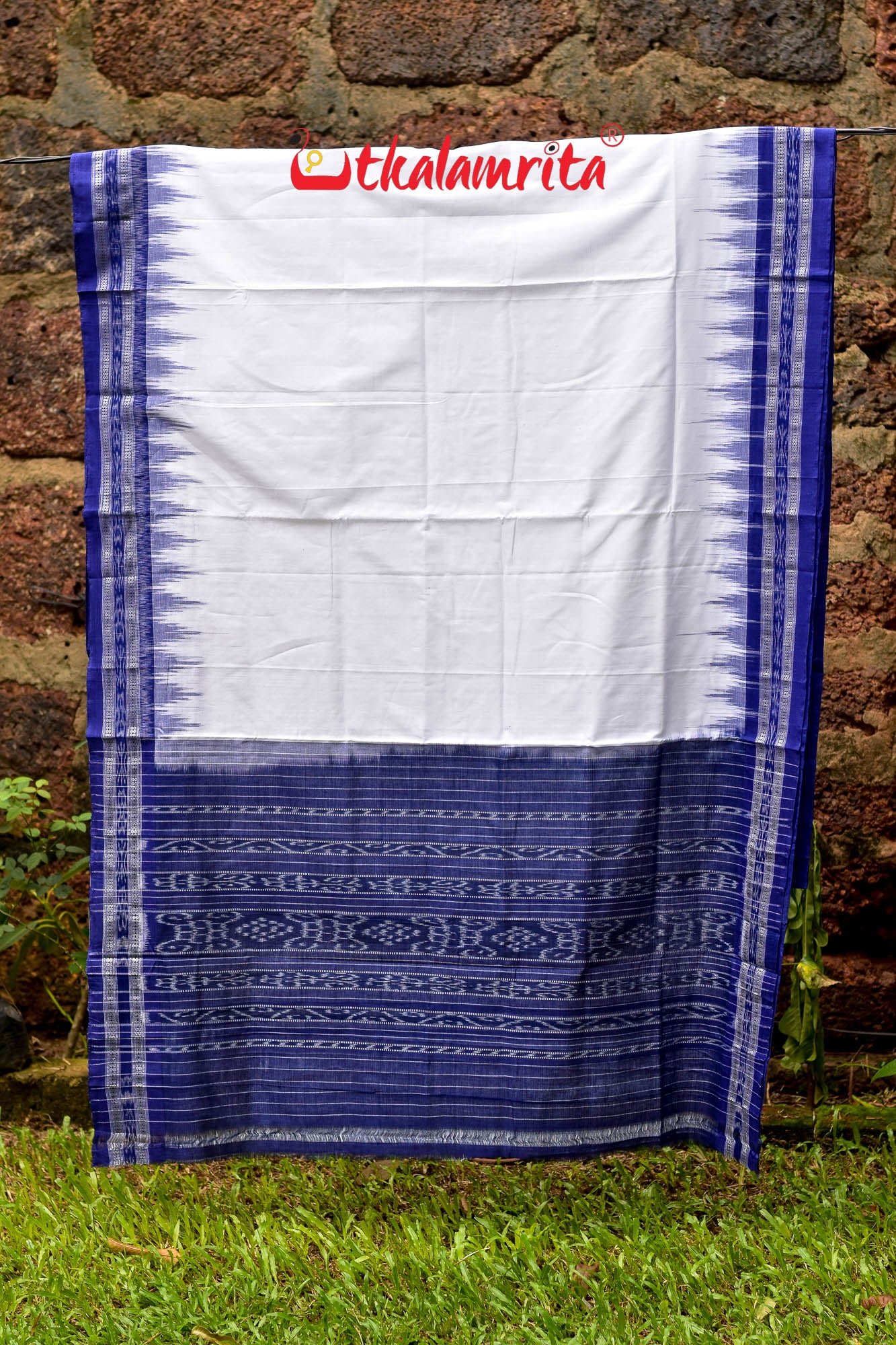 White Blue Kumbha Border Cotton Saree