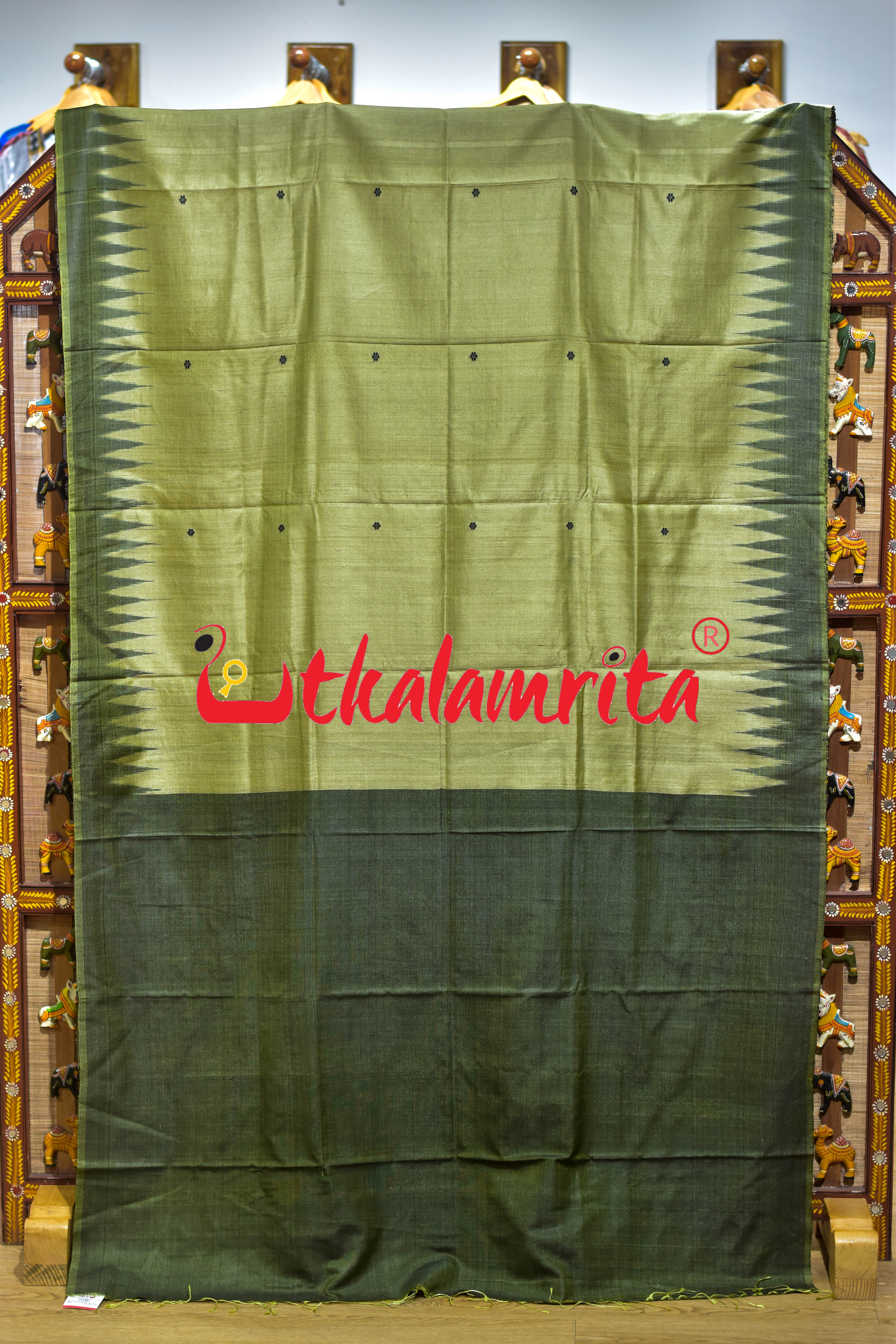 Mehndi Green Black Border Fine Gopalpur Tussar Silk Saree