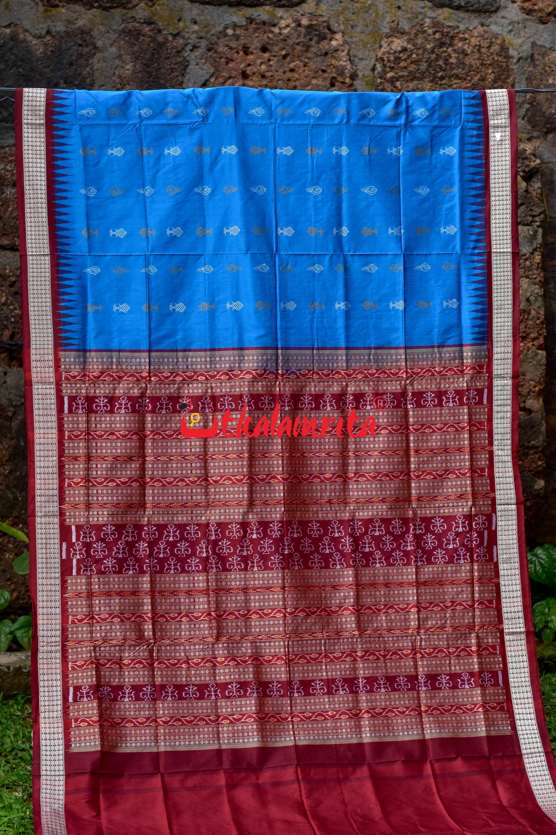 Blue Sankh and Fish Bomkai Sambalpuri Silk