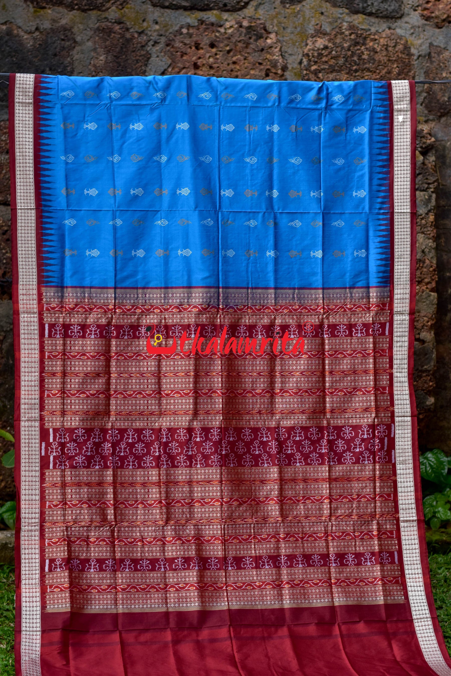 Blue Sankh and Fish Bomkai Sambalpuri Silk
