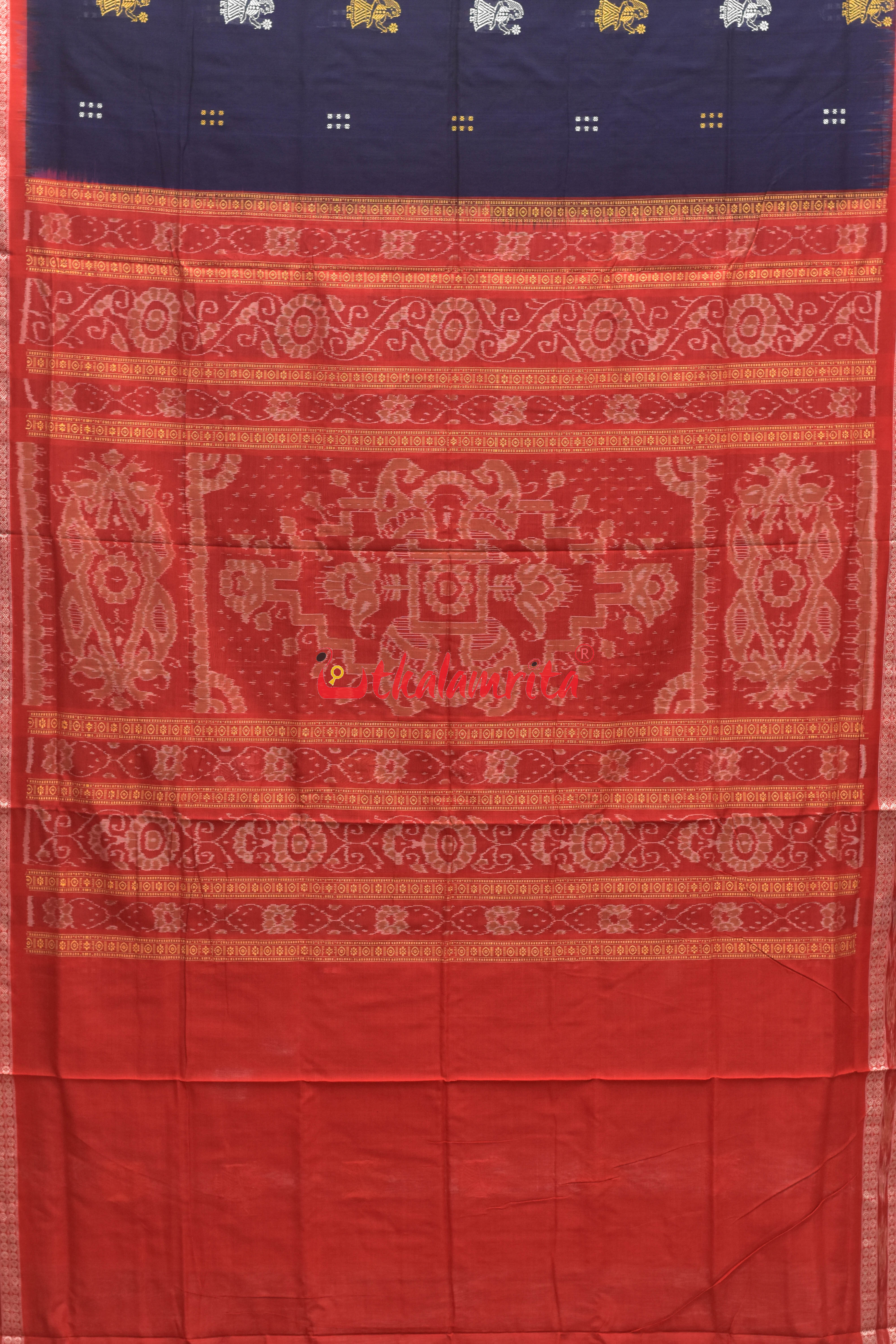 Blue Red Border Bandha Doll Bomkai Cotton Saree