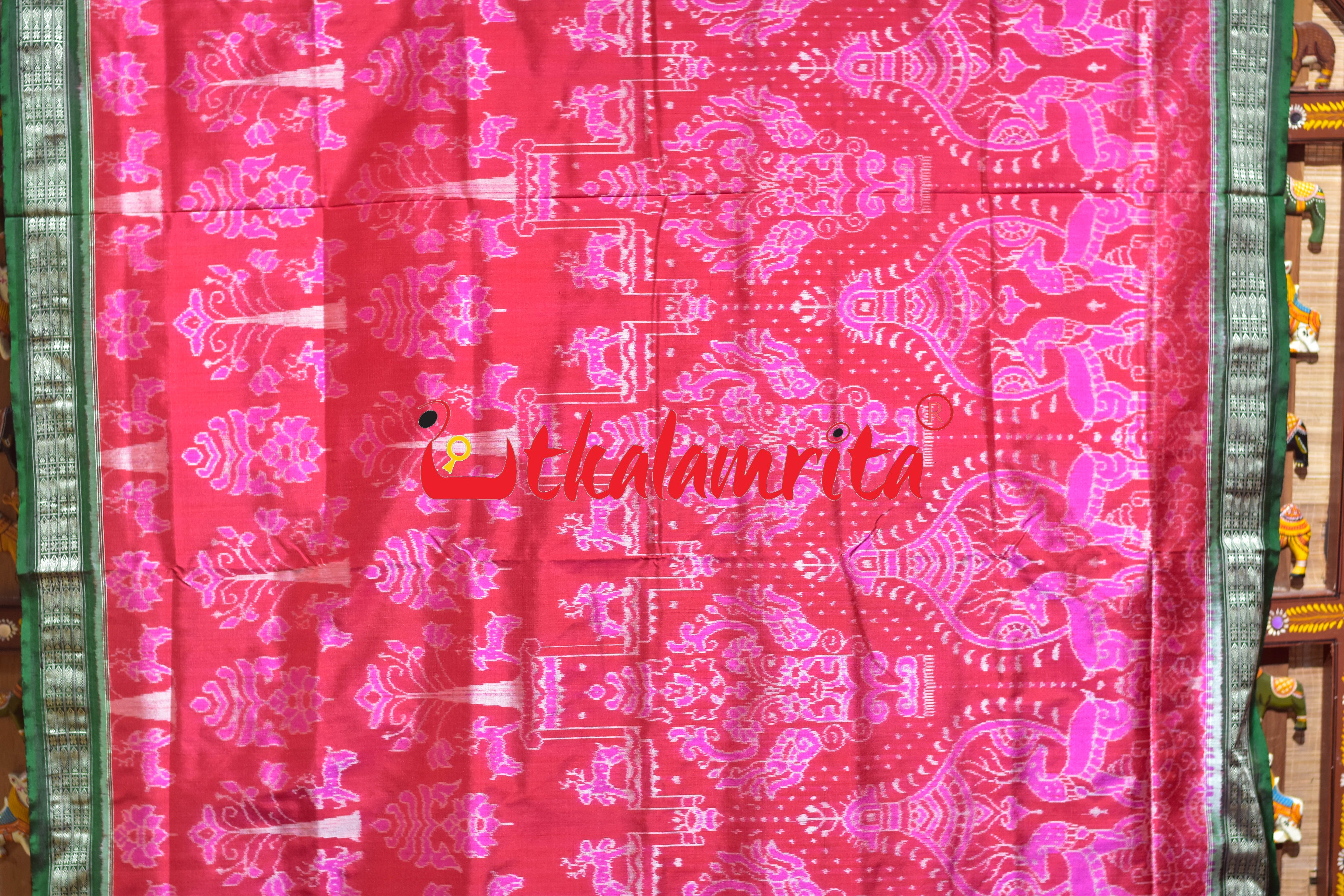 Pink Green Deer Sambalpuri Silk Saree