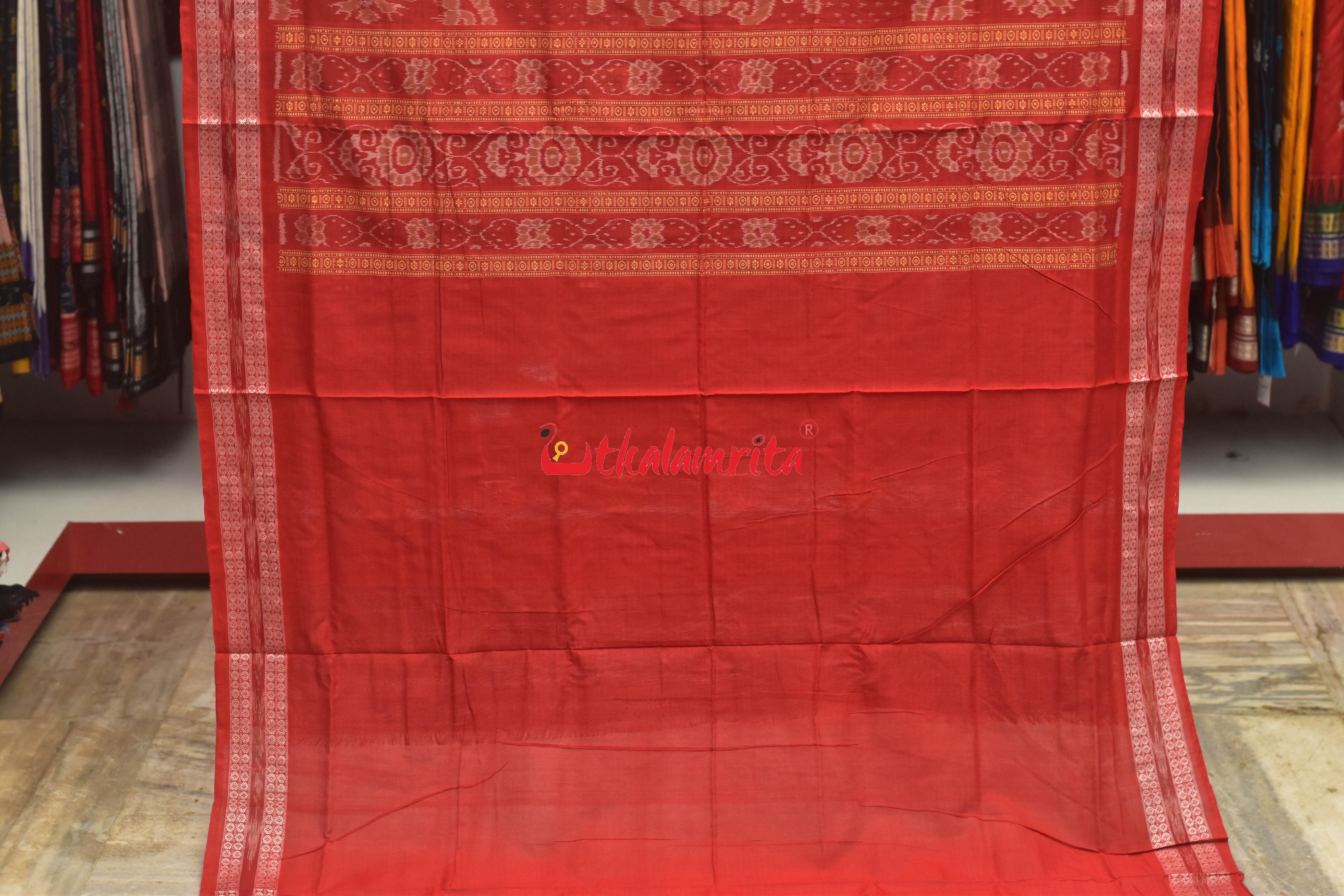 Blue Red Border Bandha Doll Bomkai Cotton Saree