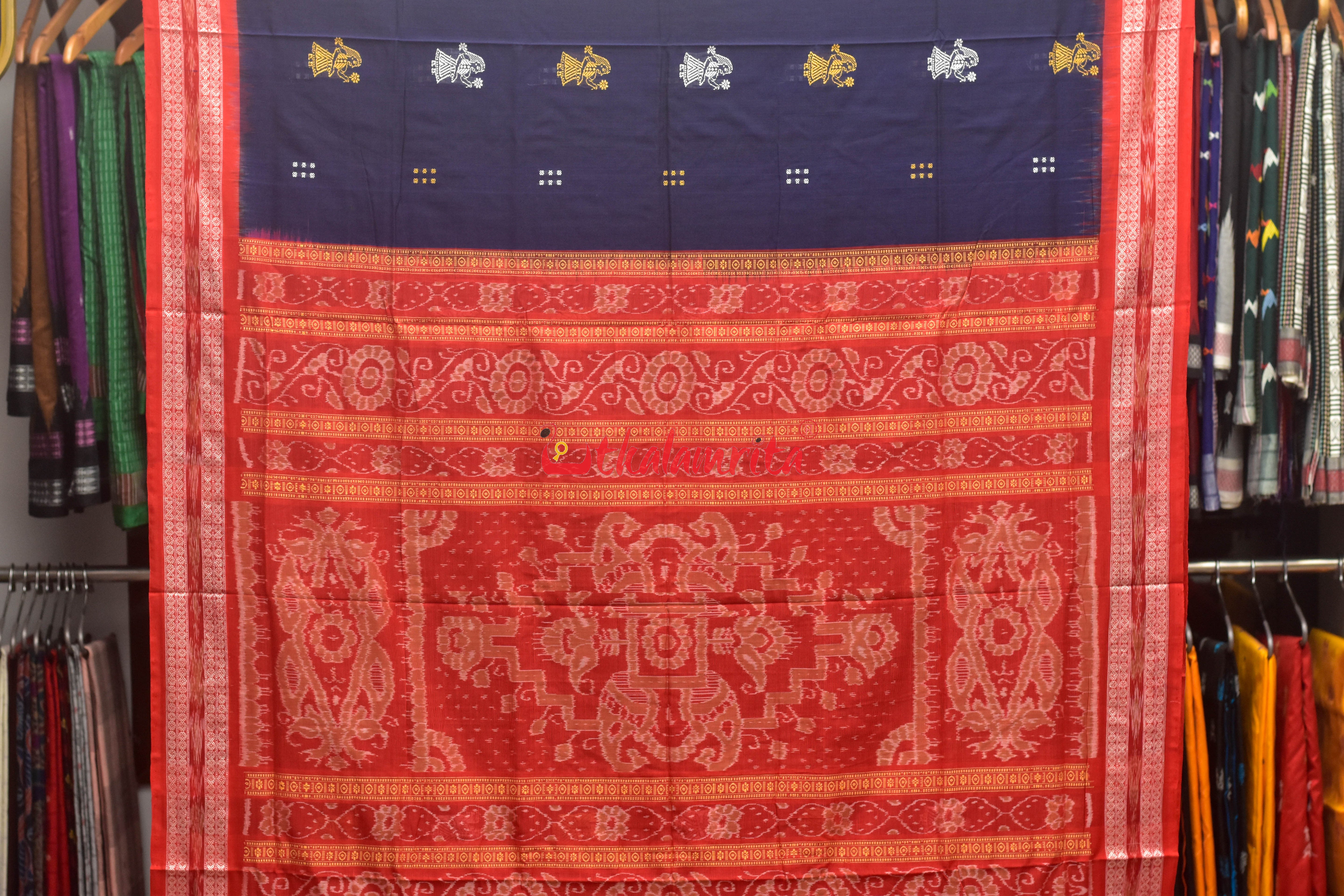 Blue Red Border Bandha Doll Bomkai Cotton Saree
