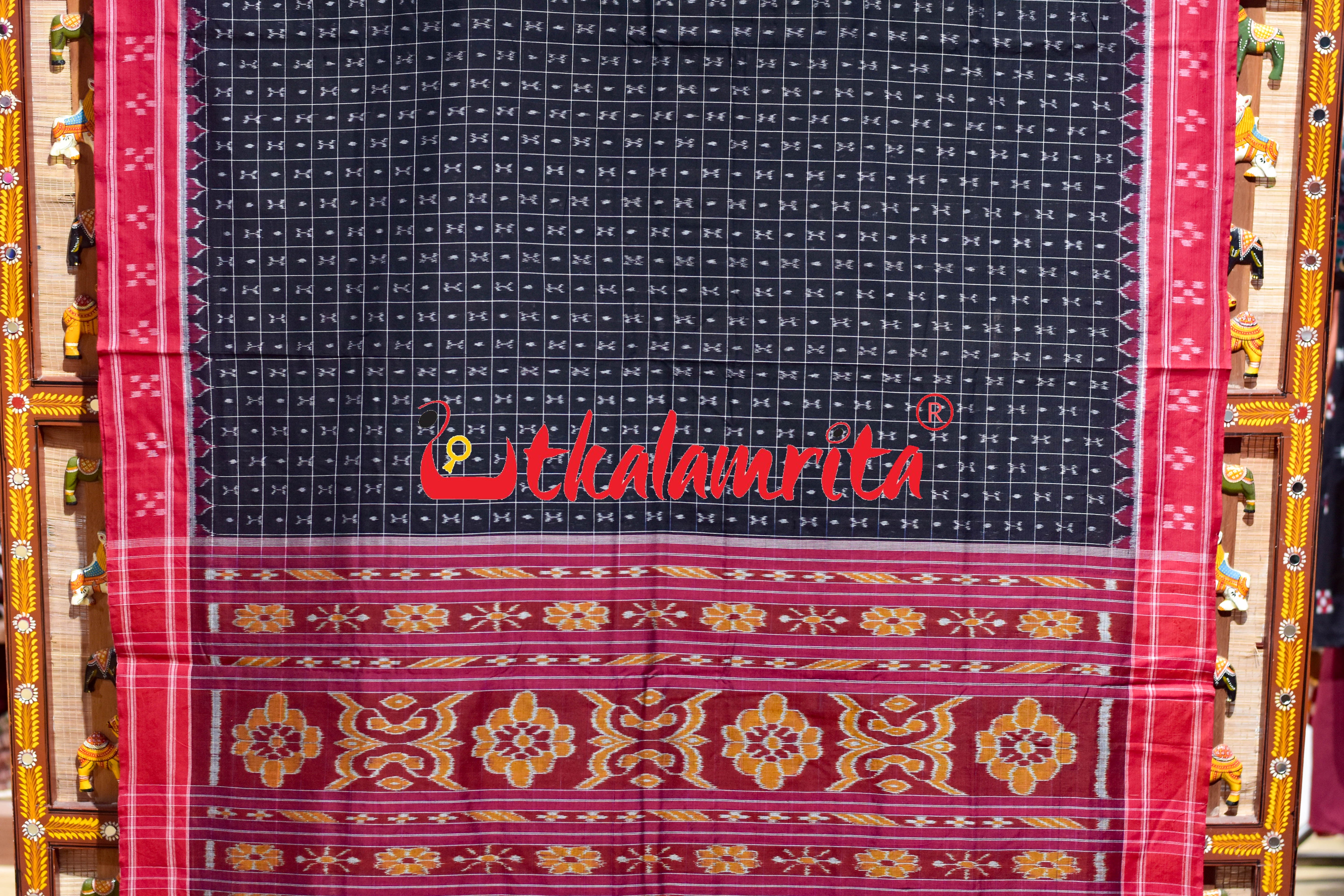 Black Red Parijata Khandua Cotton Saree