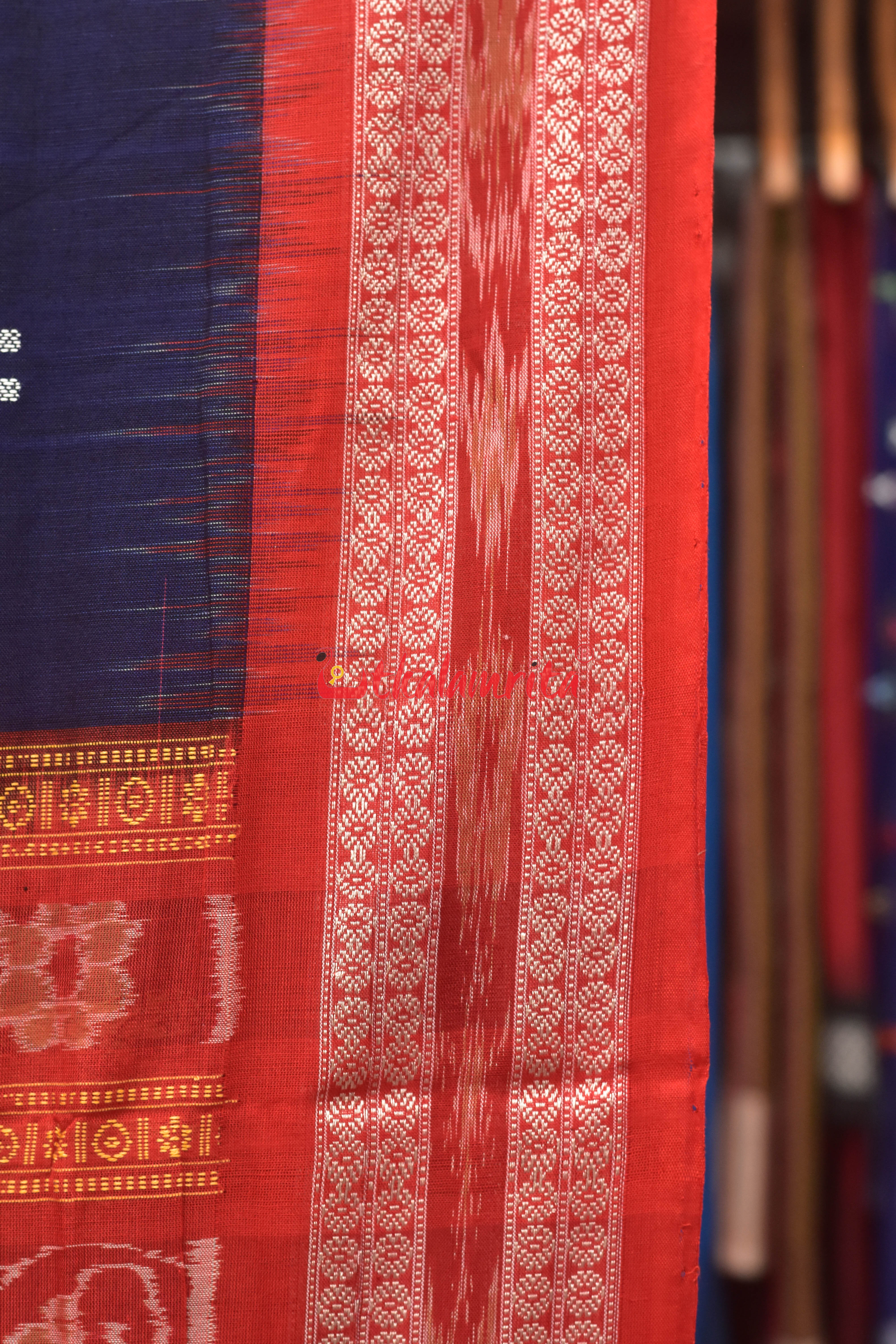 Blue Red Border Bandha Doll Bomkai Cotton Saree