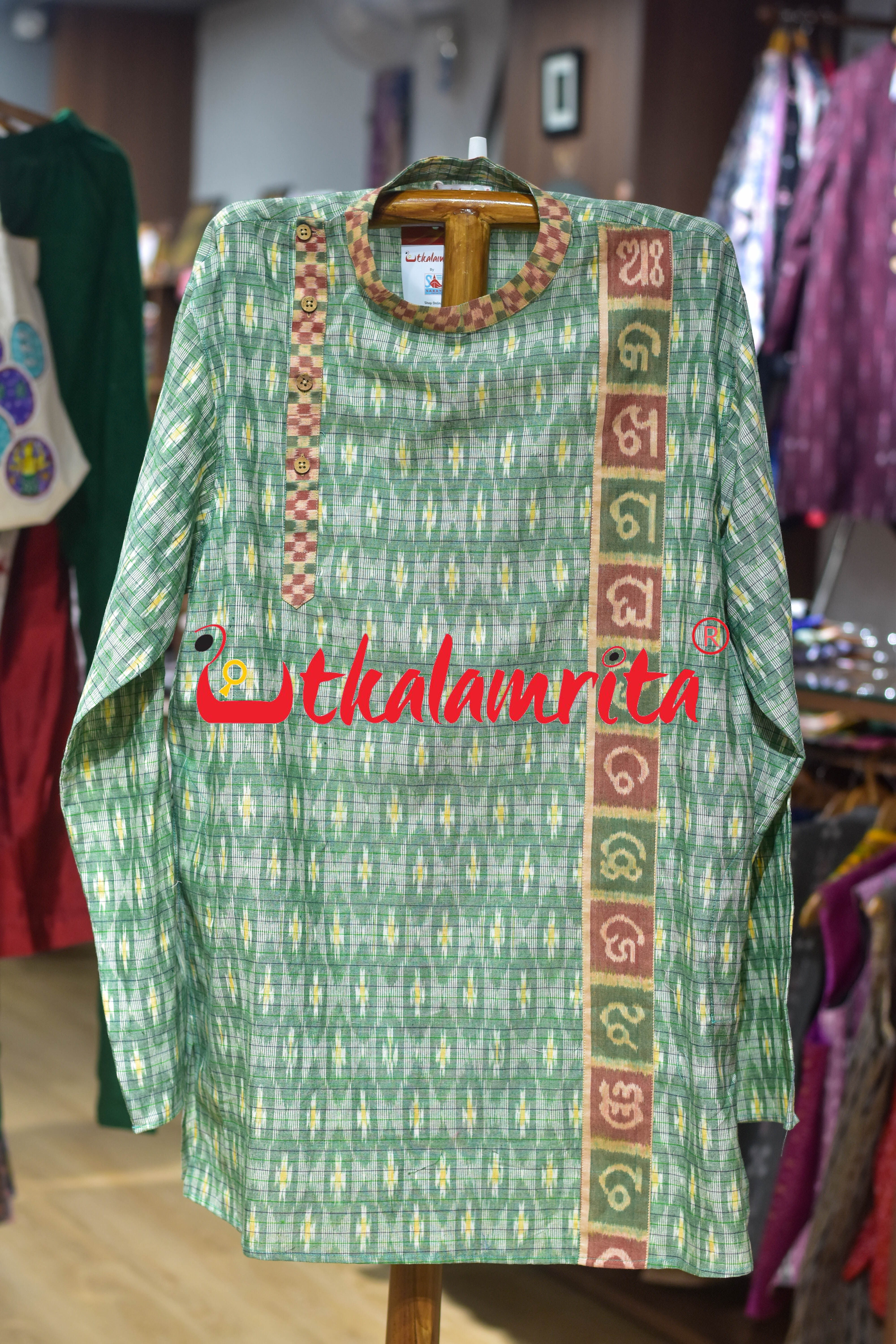Green Checks Star Odia Letters (Men's Asymmetric Short kurta)