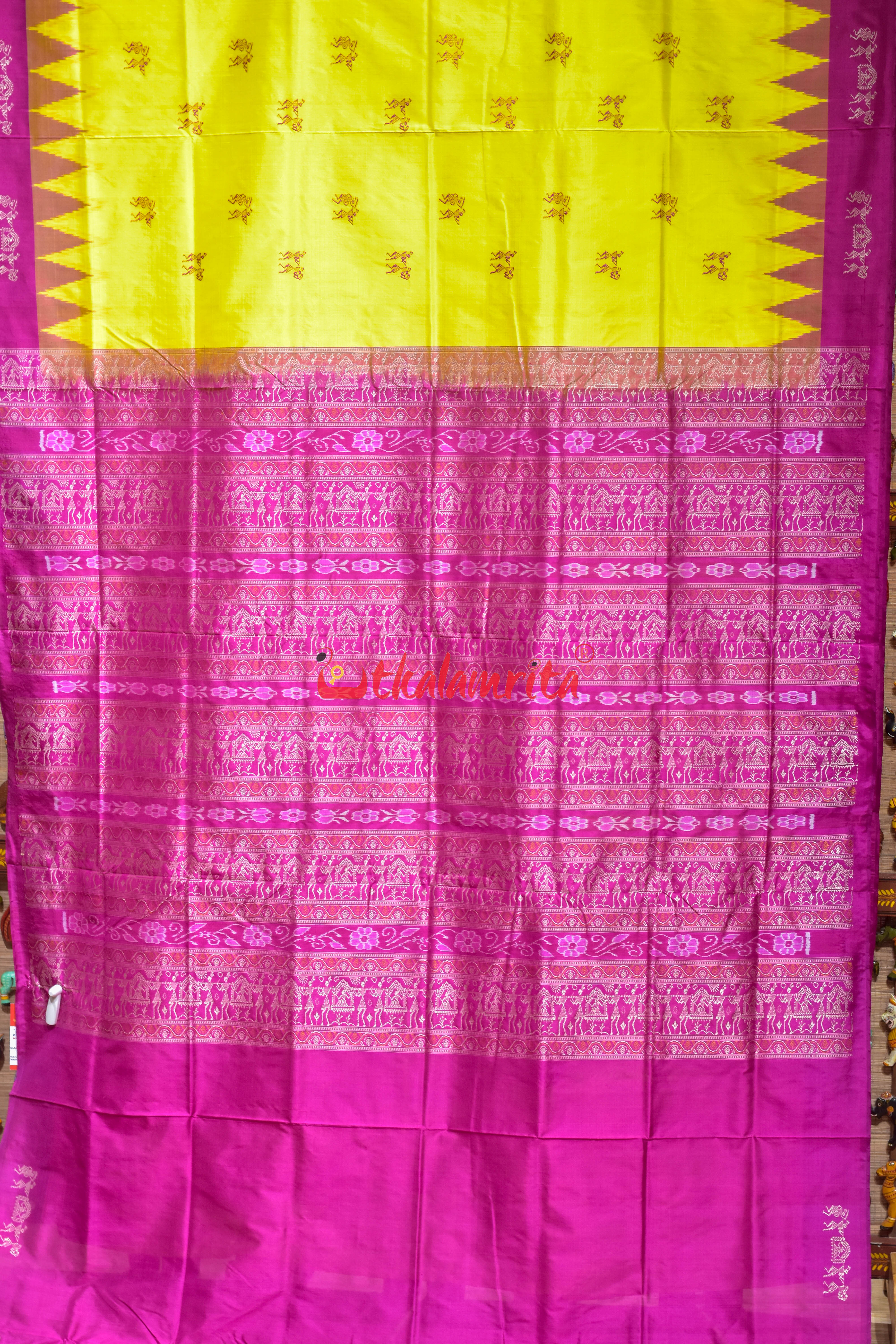 Yellow Rani Pink Tribal Elephant Bomkai silk Saree