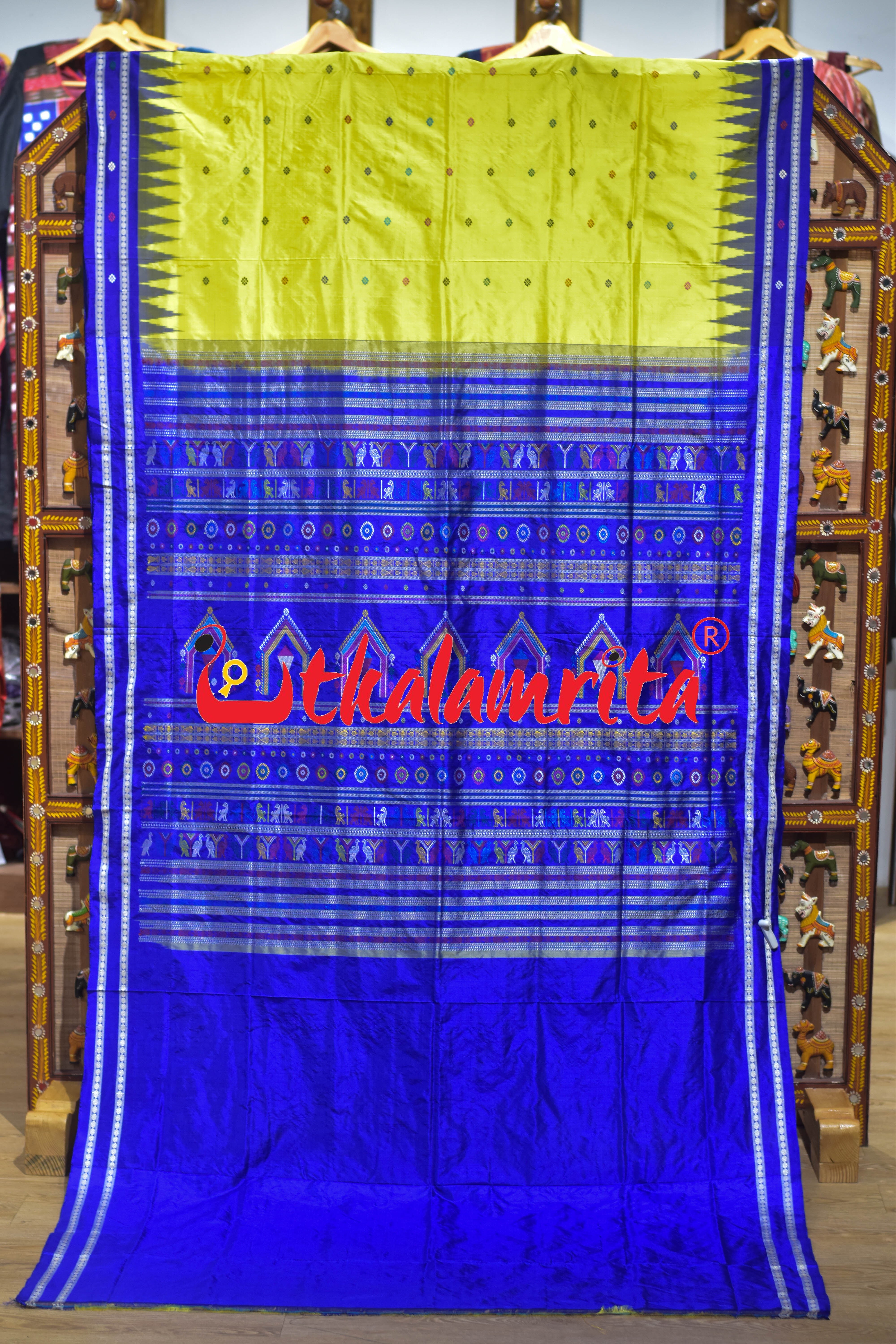 Dolabedi Yellow Blue Bomkai Silk Saree