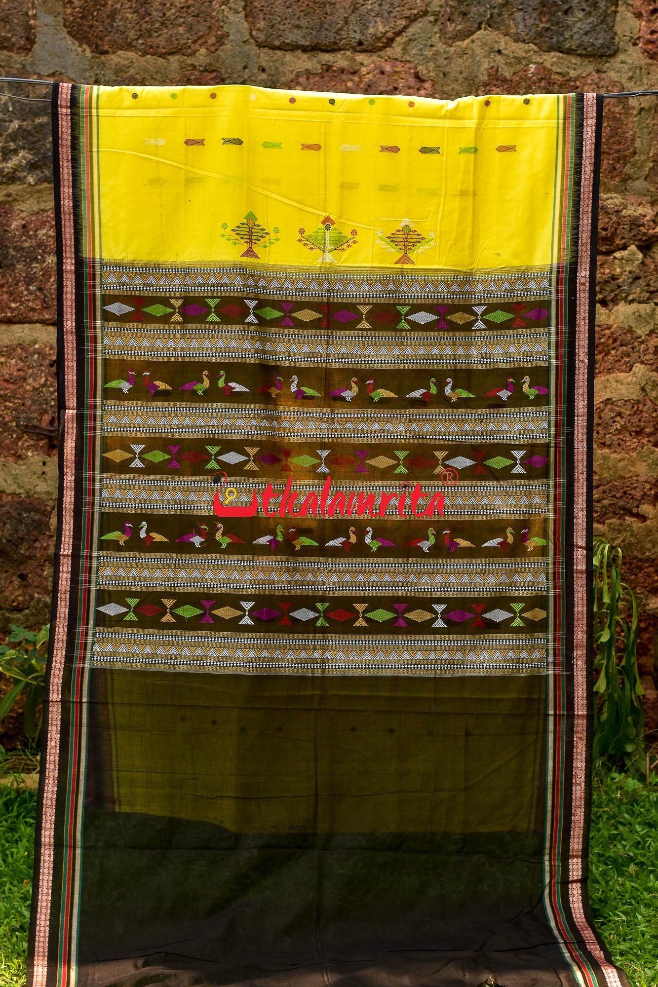 Suneli Yellow Bomkai Cotton Saree