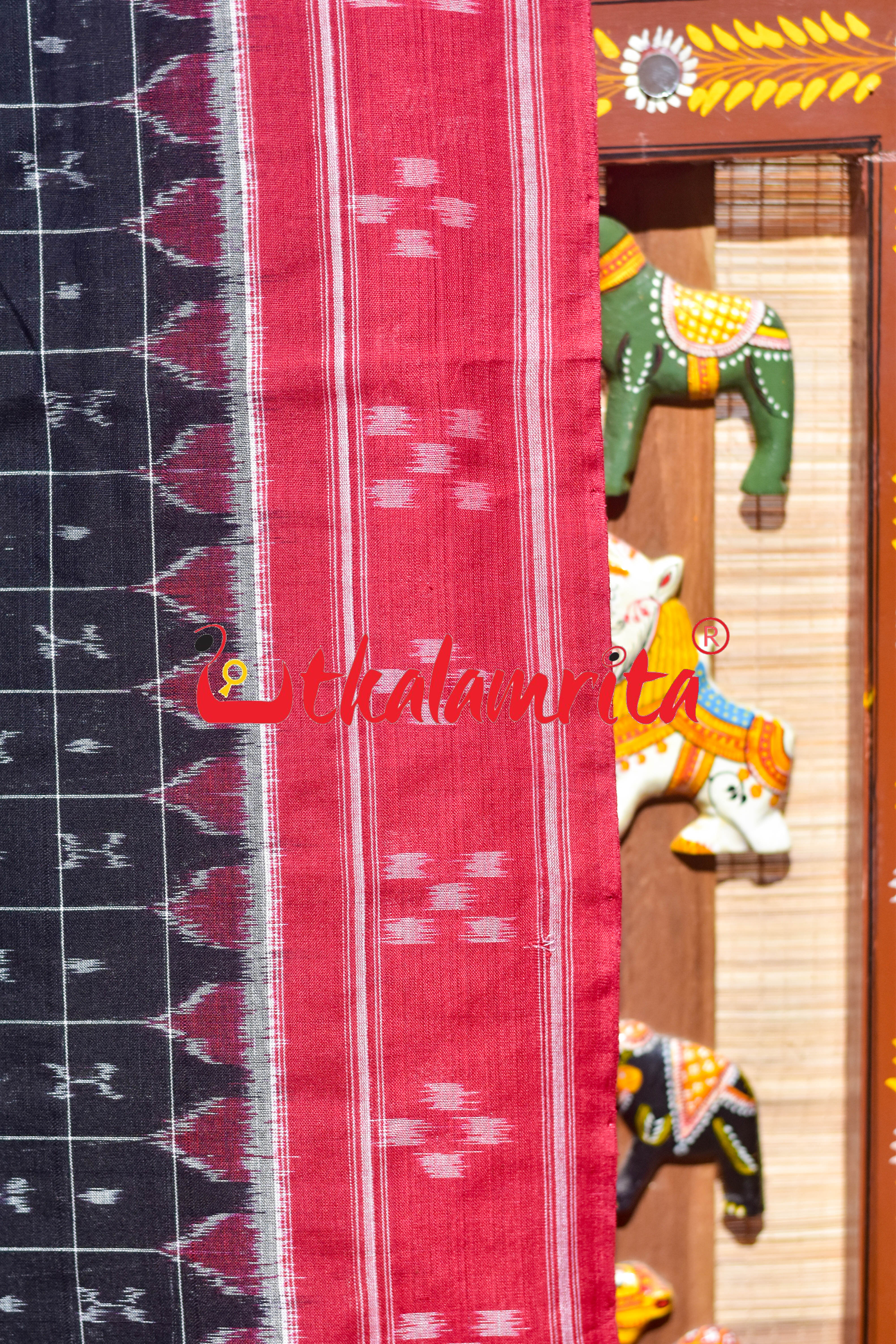 Black Red Parijata Khandua Cotton Saree