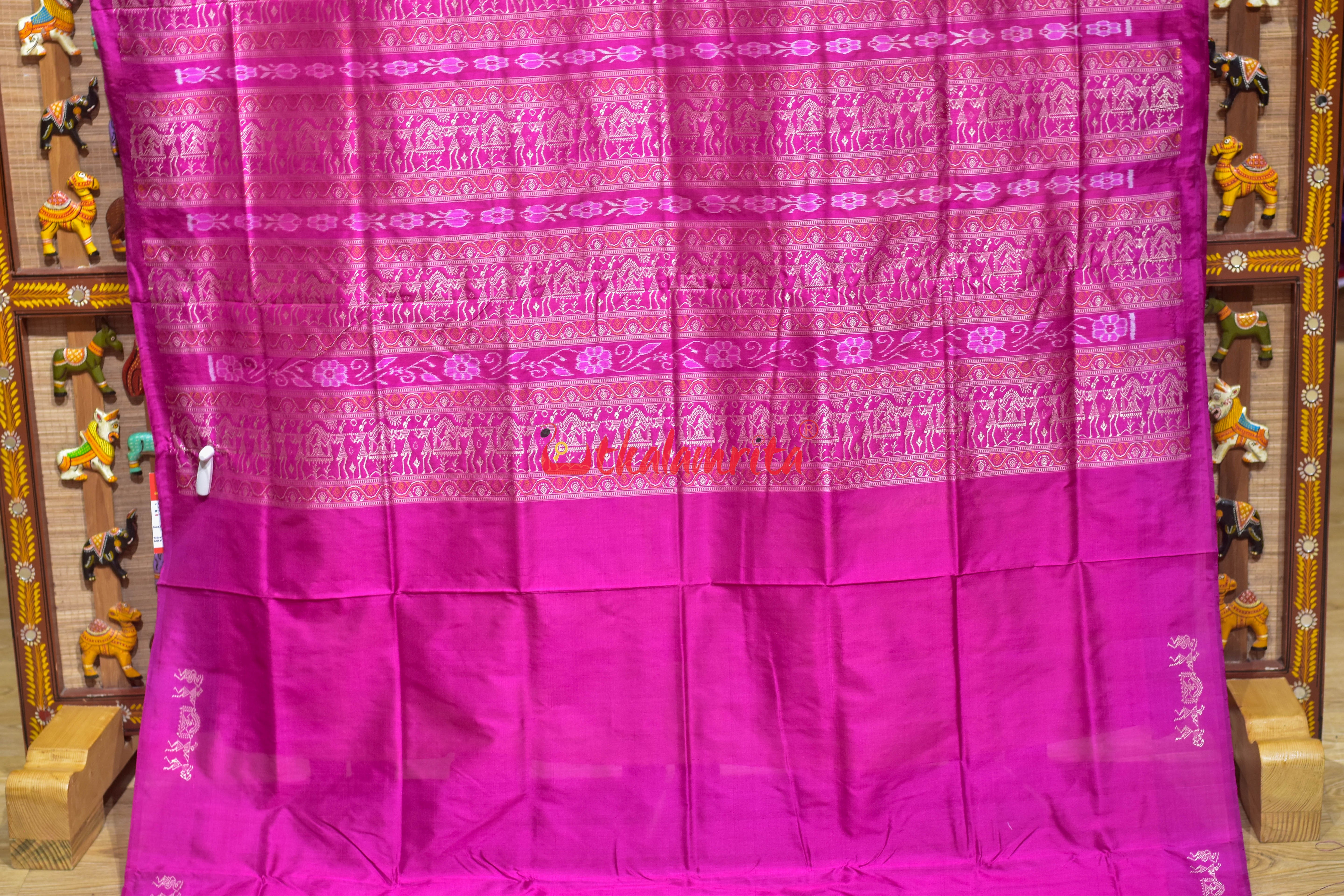 Yellow Rani Pink Tribal Elephant Bomkai silk Saree
