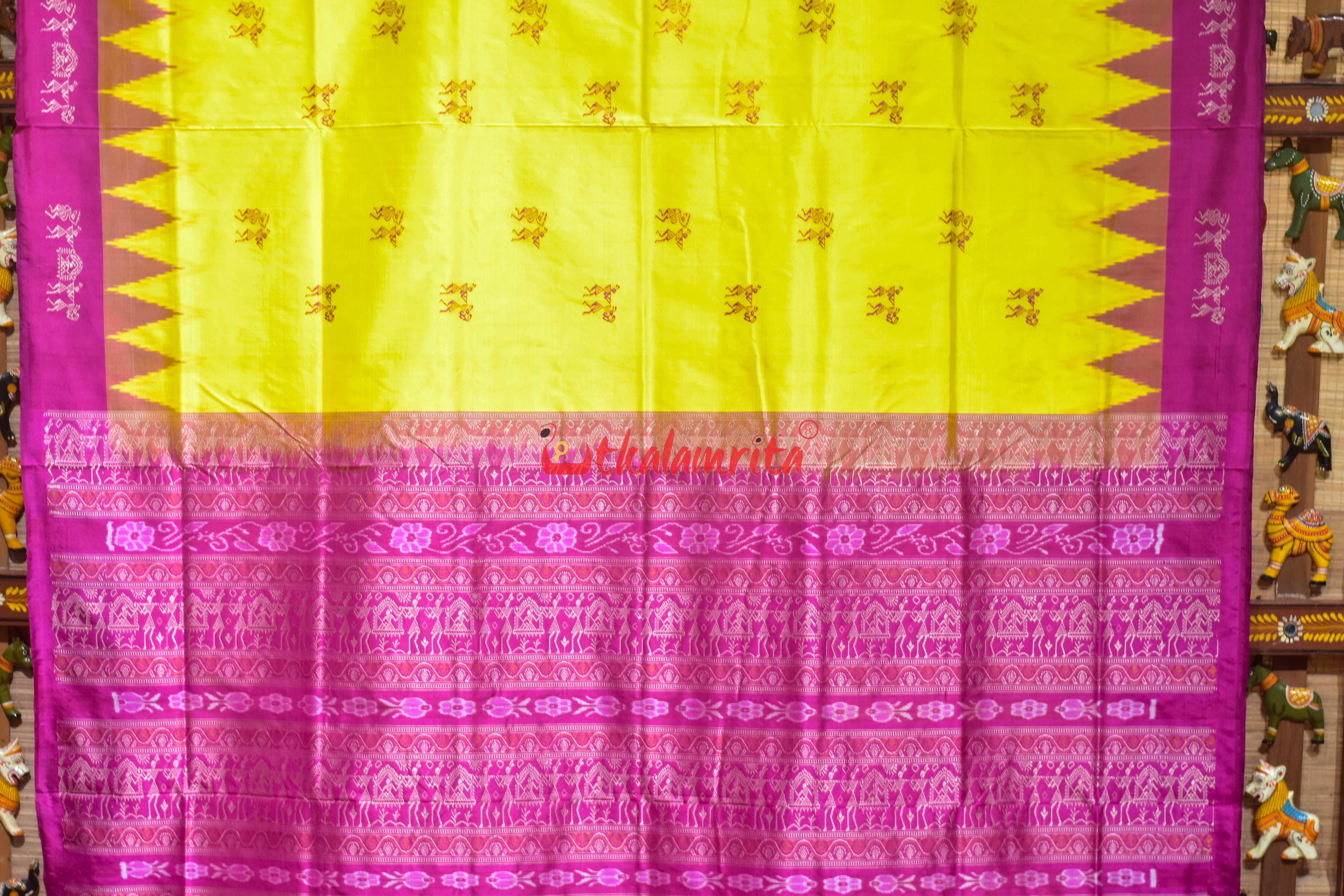 Yellow Rani Pink Tribal Elephant Bomkai silk Saree