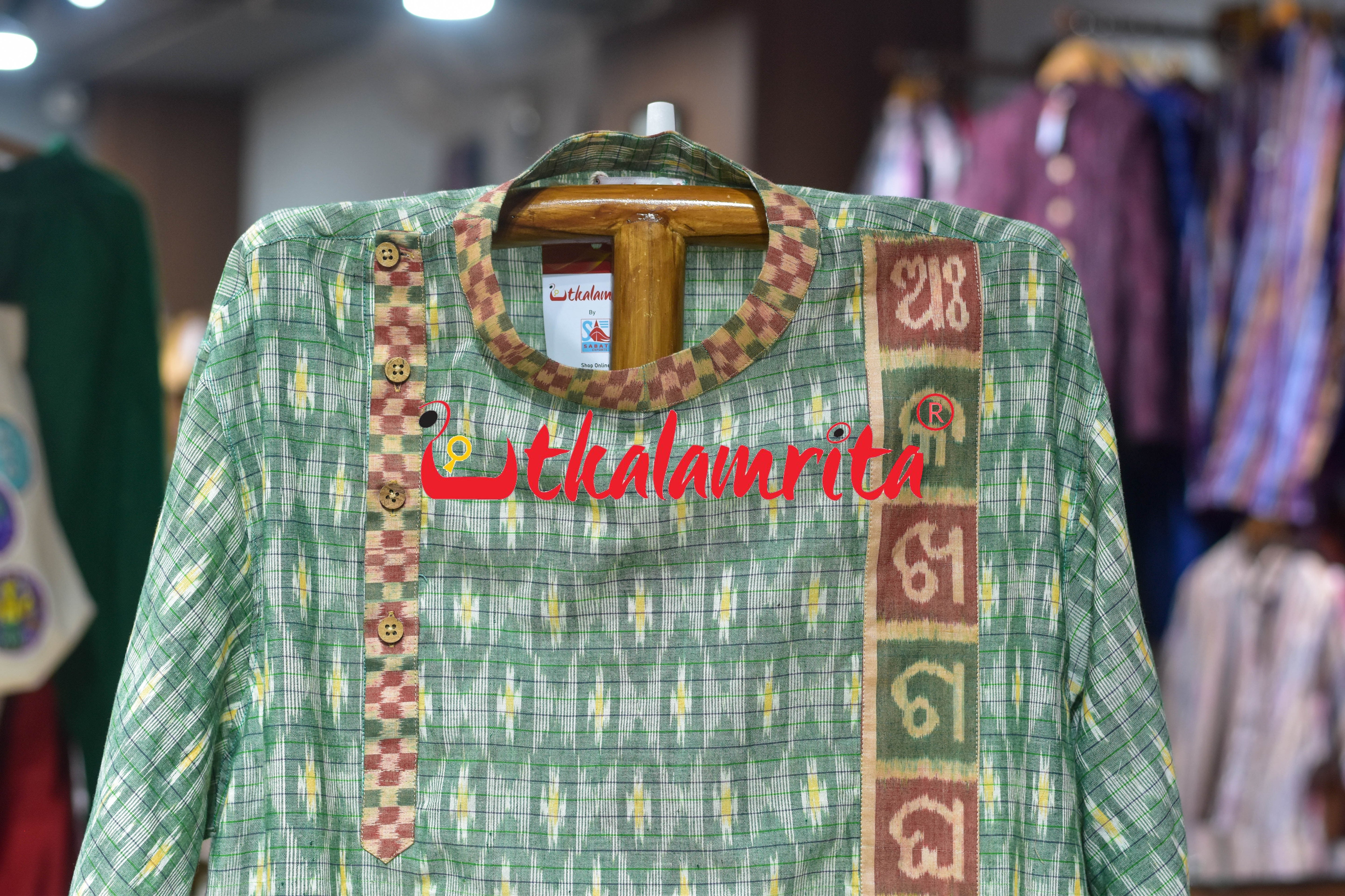 Green Checks Star Odia Letters (Men's Asymmetric Short kurta)