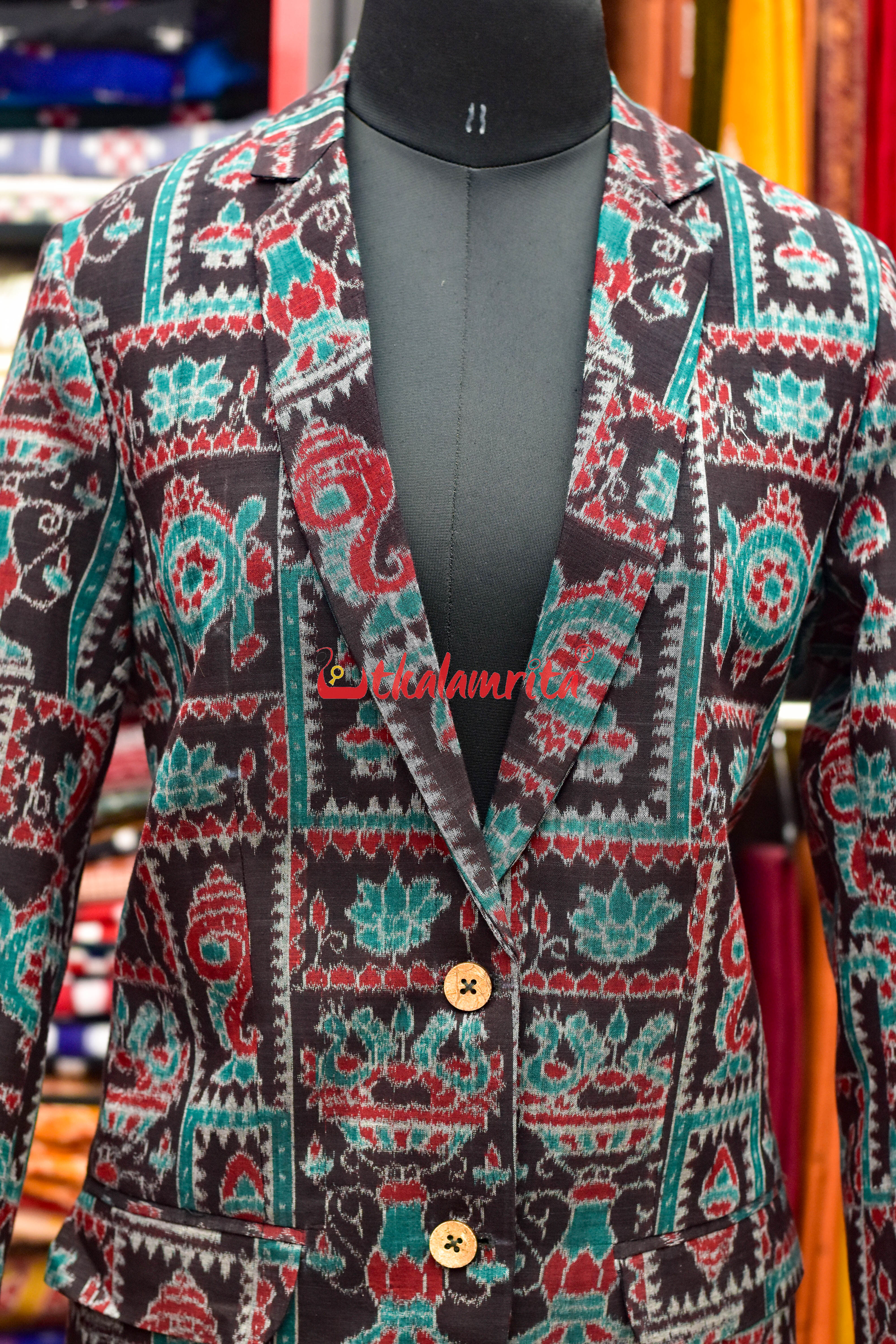 Black Sankha & Flowers (Ladies' Long Blazer)