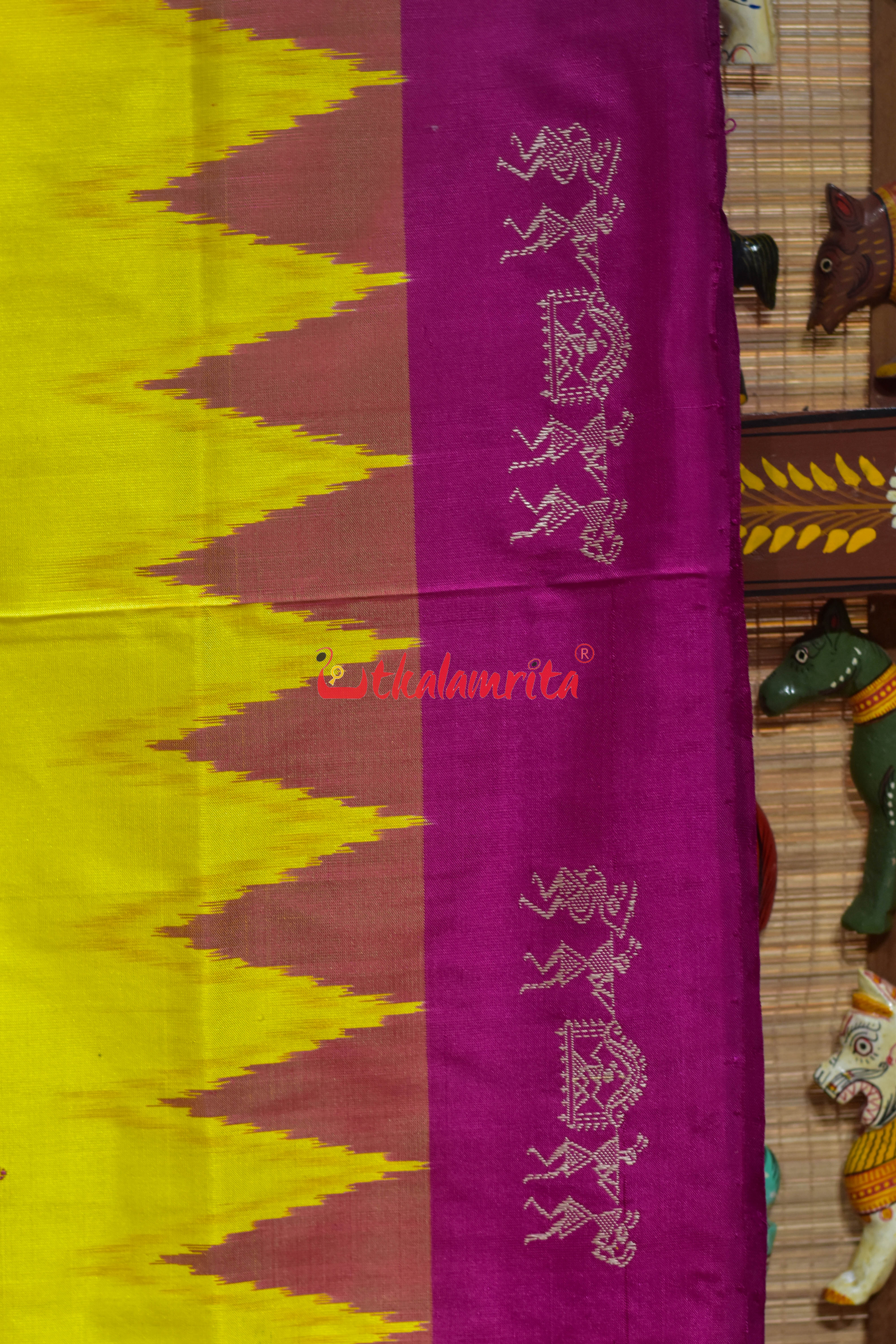Yellow Rani Pink Tribal Elephant Bomkai silk Saree
