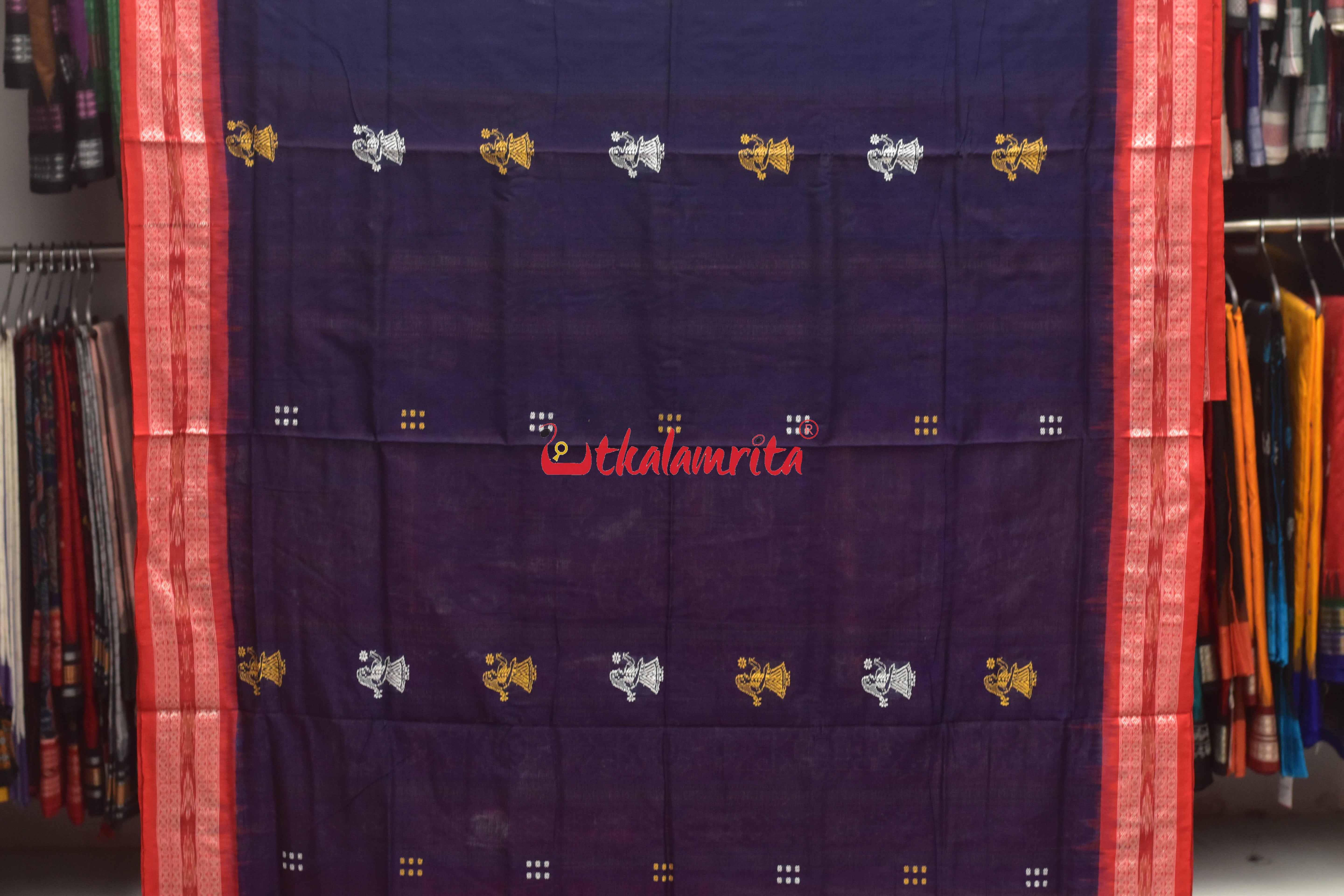 Blue Red Border Bandha Doll Bomkai Cotton Saree