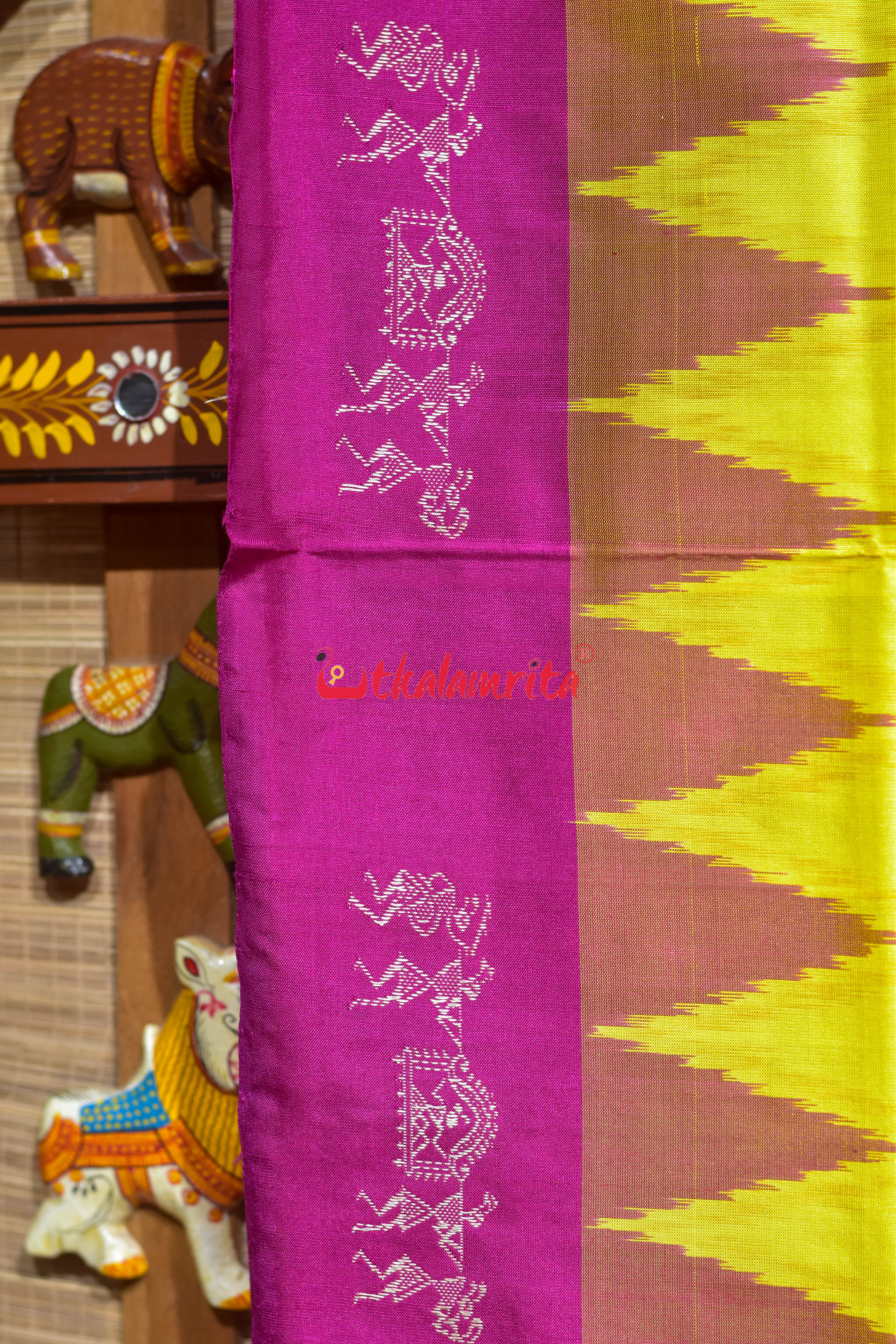 Yellow Rani Pink Tribal Elephant Bomkai silk Saree