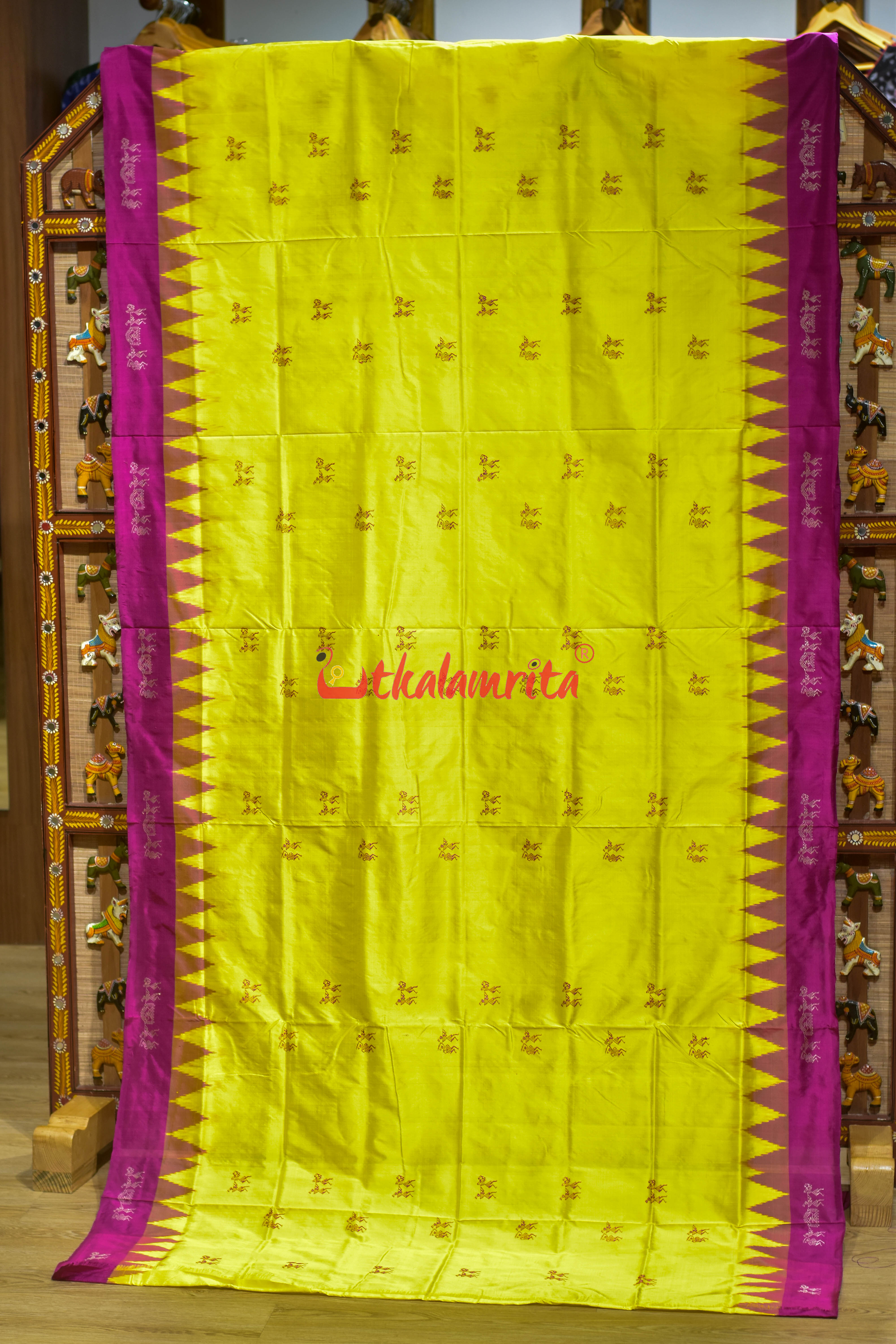 Yellow Rani Pink Tribal Elephant Bomkai silk Saree