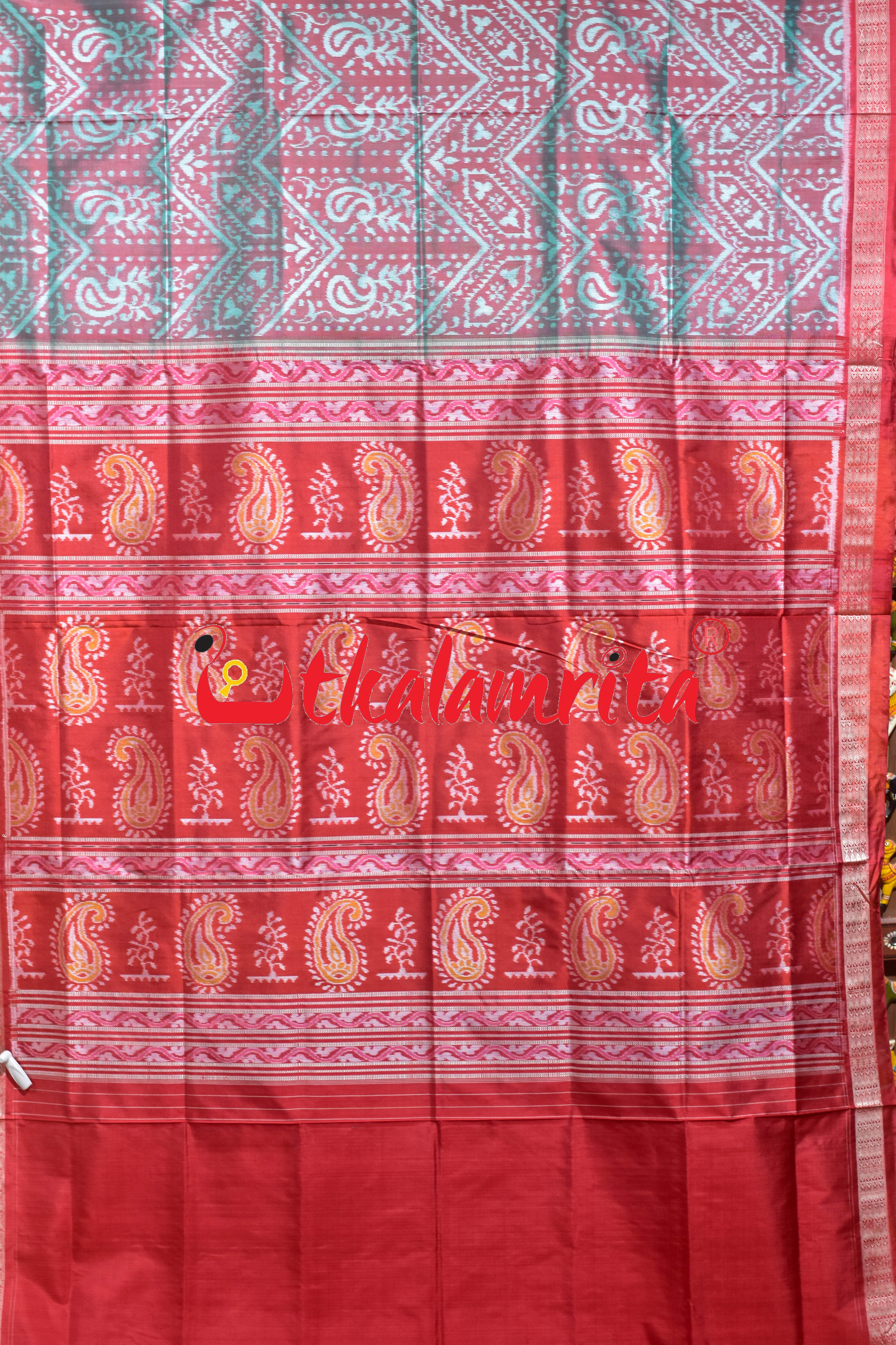 Turquoise Red Sambalpuri Bandha Silk Saree