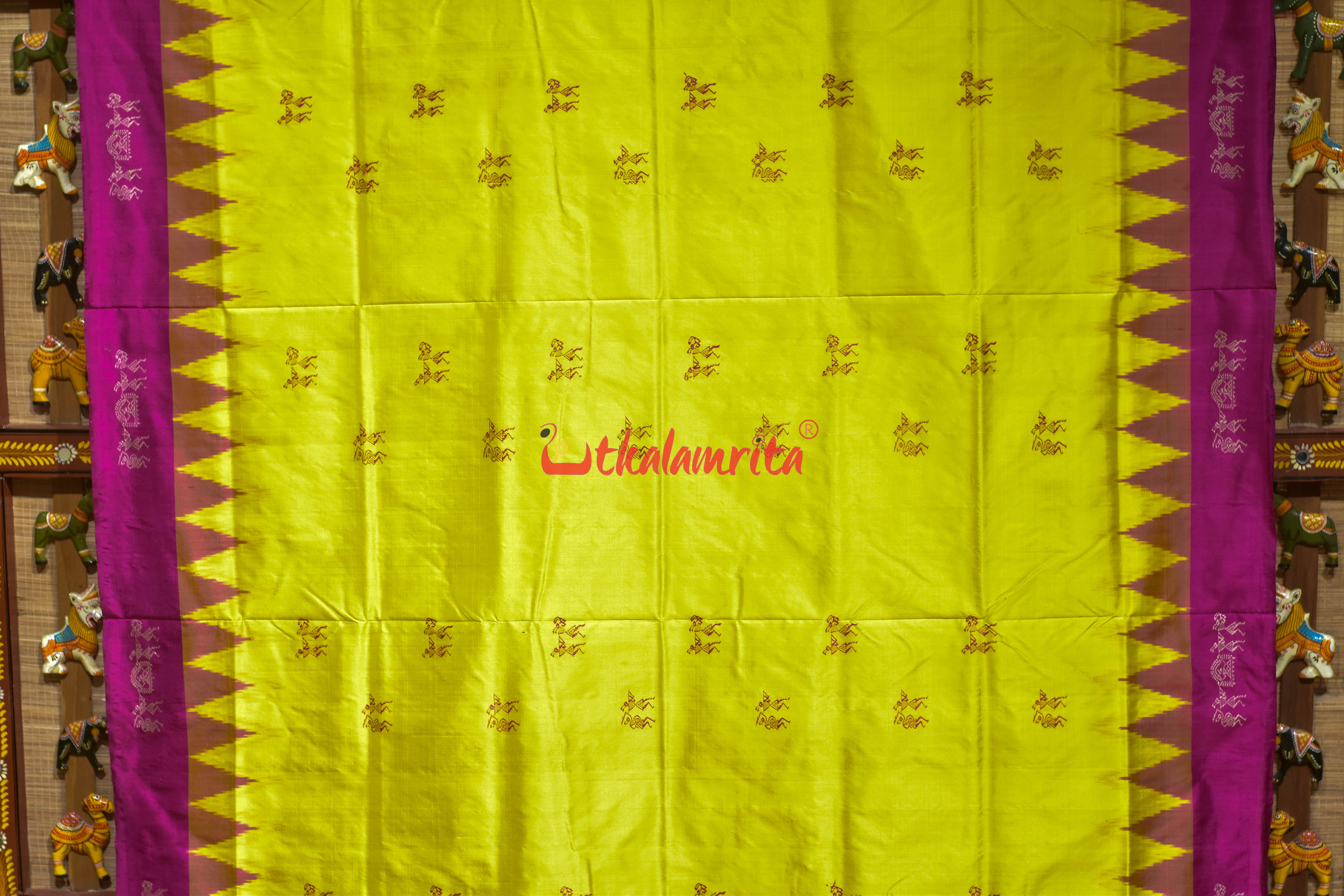 Yellow Rani Pink Tribal Elephant Bomkai silk Saree