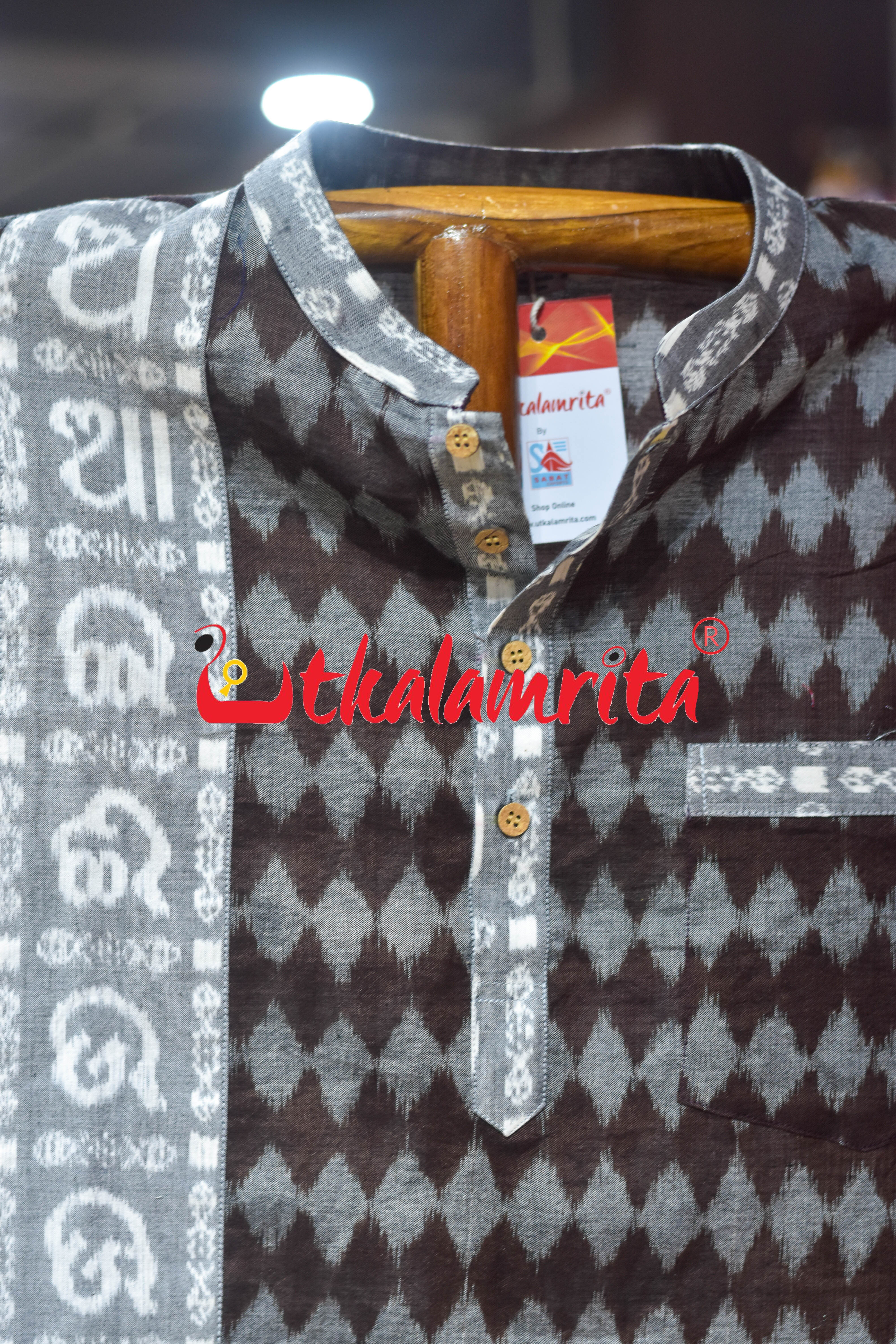 Grey Dots on Coffee Ikat Designer (Men's Short Kurta)