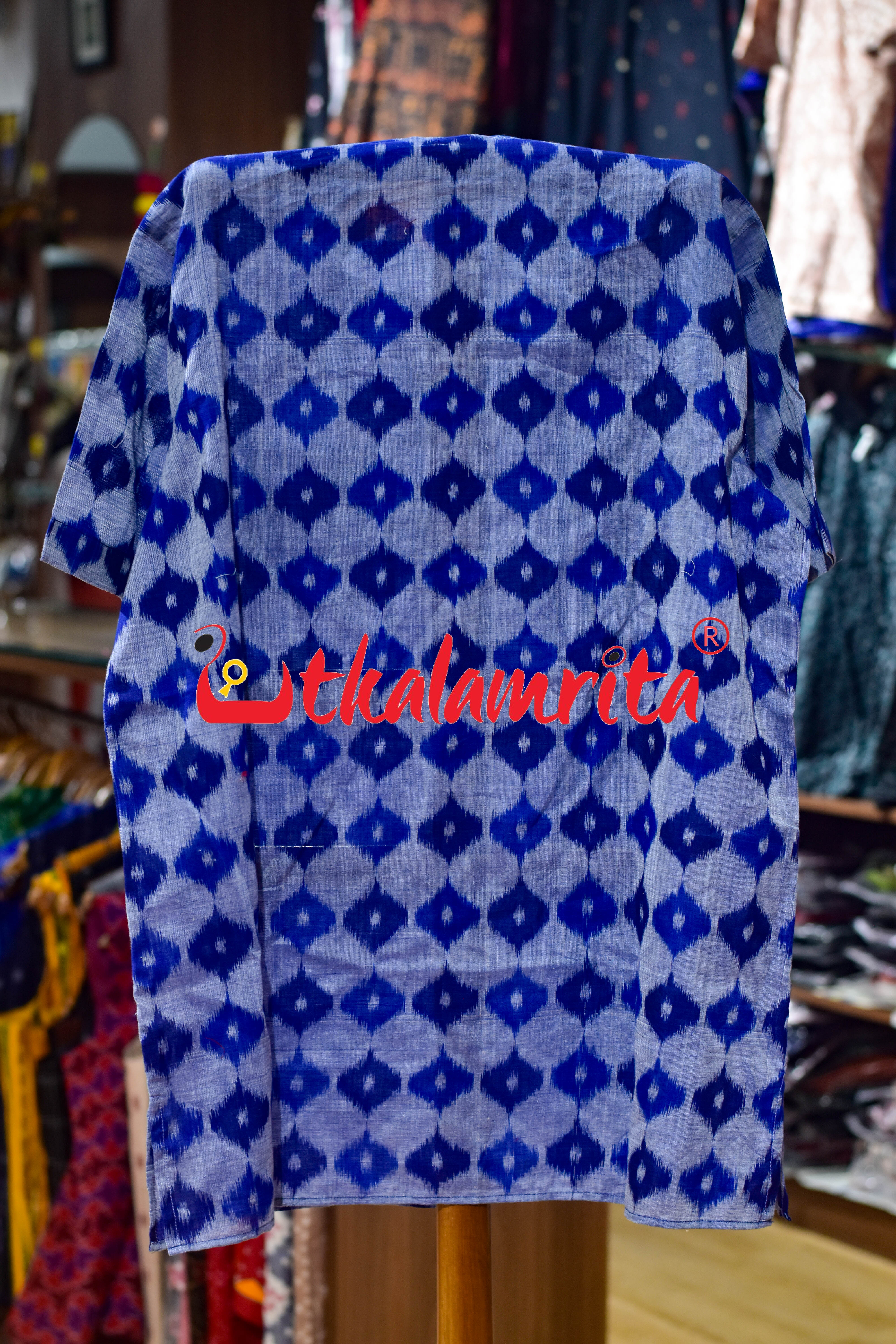 Blue 3D Illusions Ikat Odia Alphabets (Men's Short Kurta)