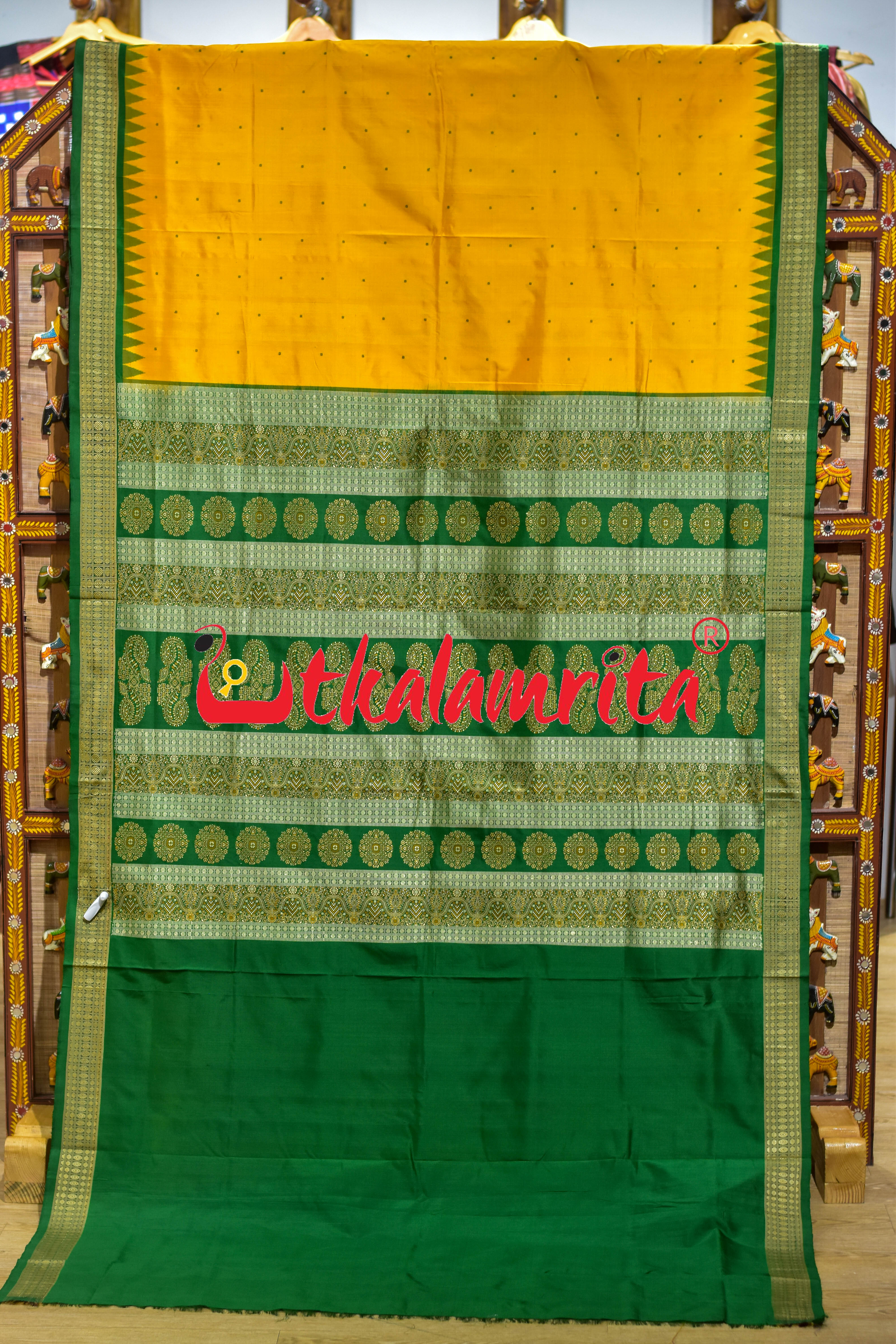 Mini Buti Frooti Golden Green Bomkai Silk Saree