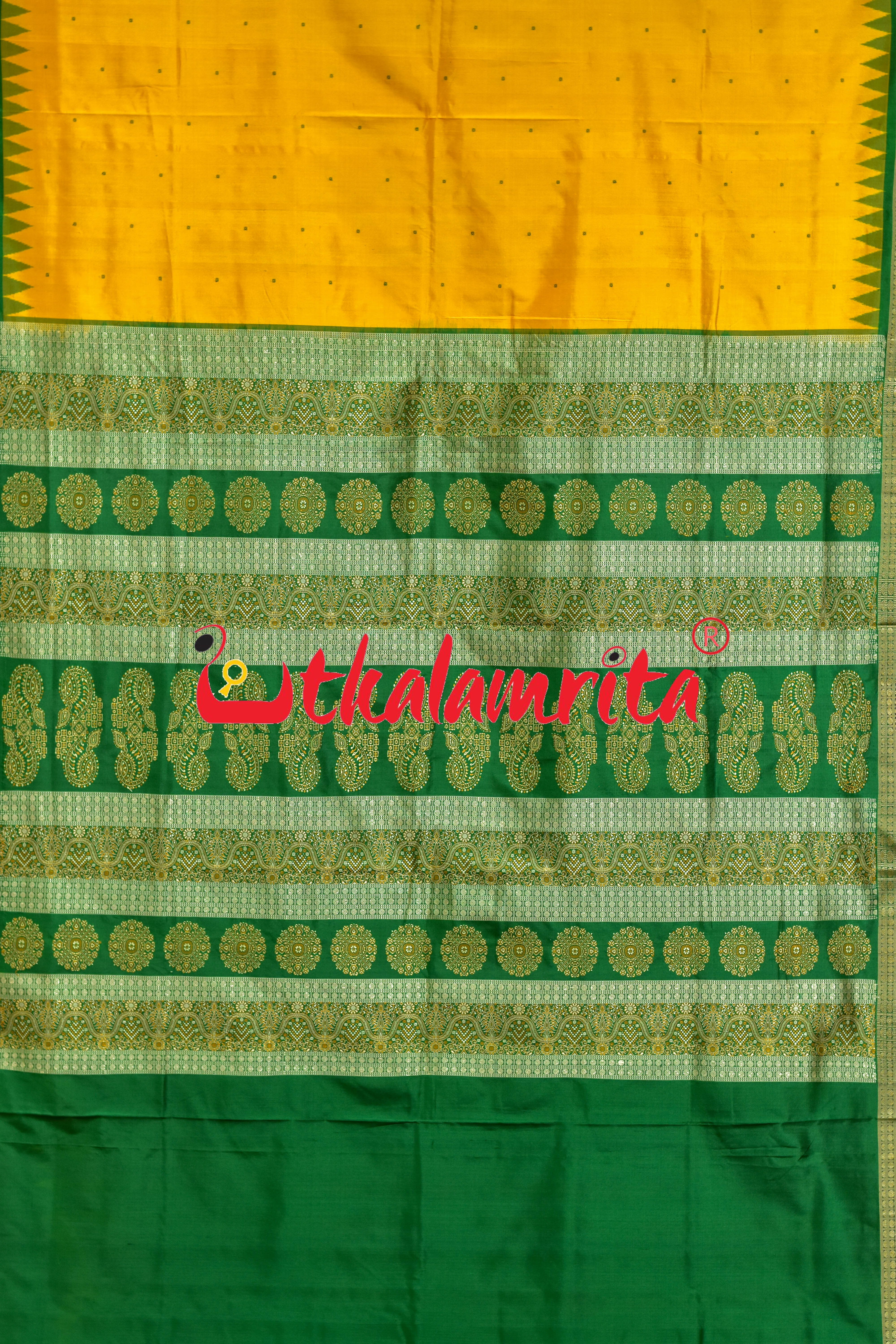 Mini Buti Frooti Golden Green Bomkai Silk Saree