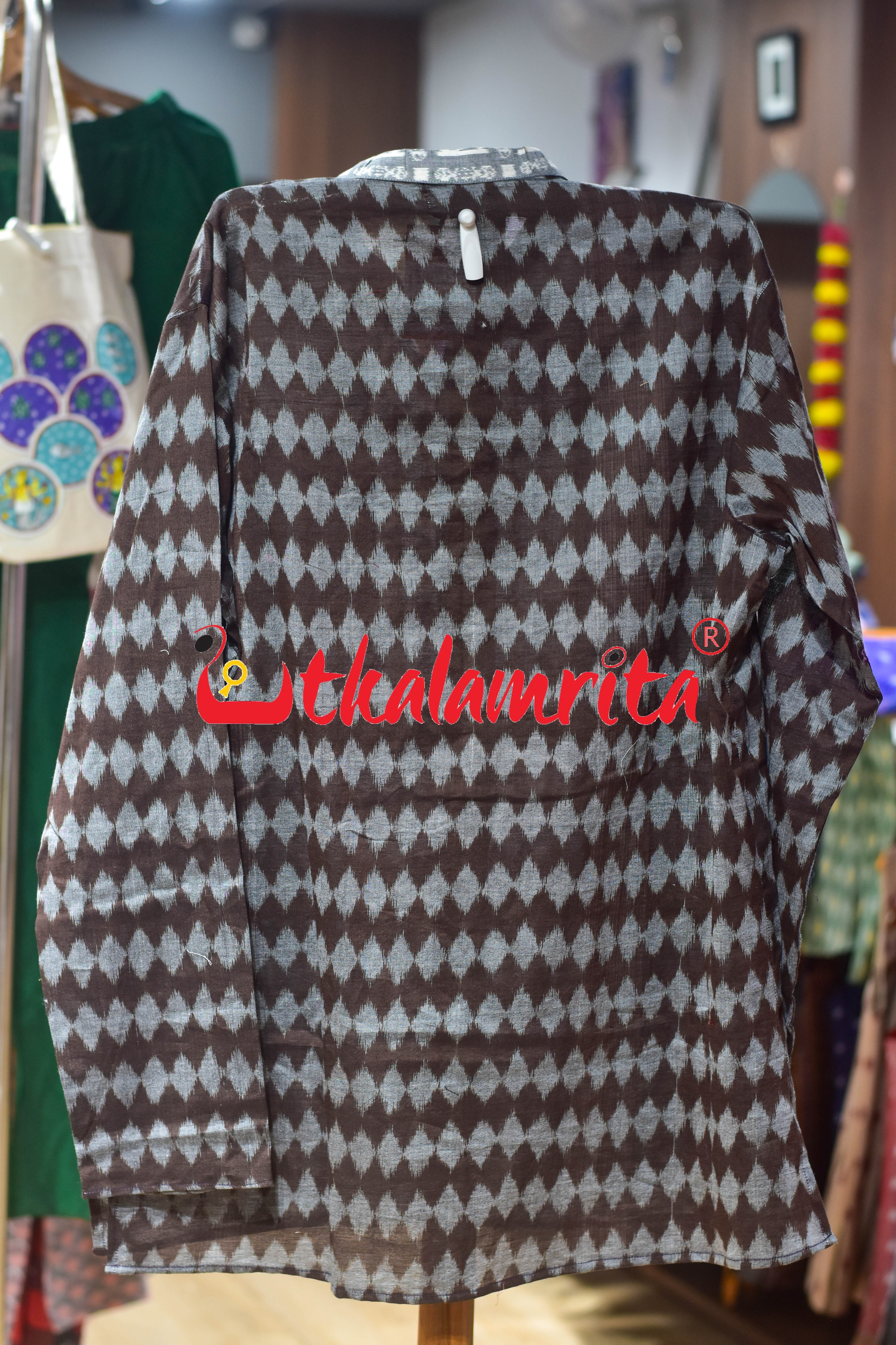 Grey Dots on Coffee Ikat Designer (Men's Short Kurta)