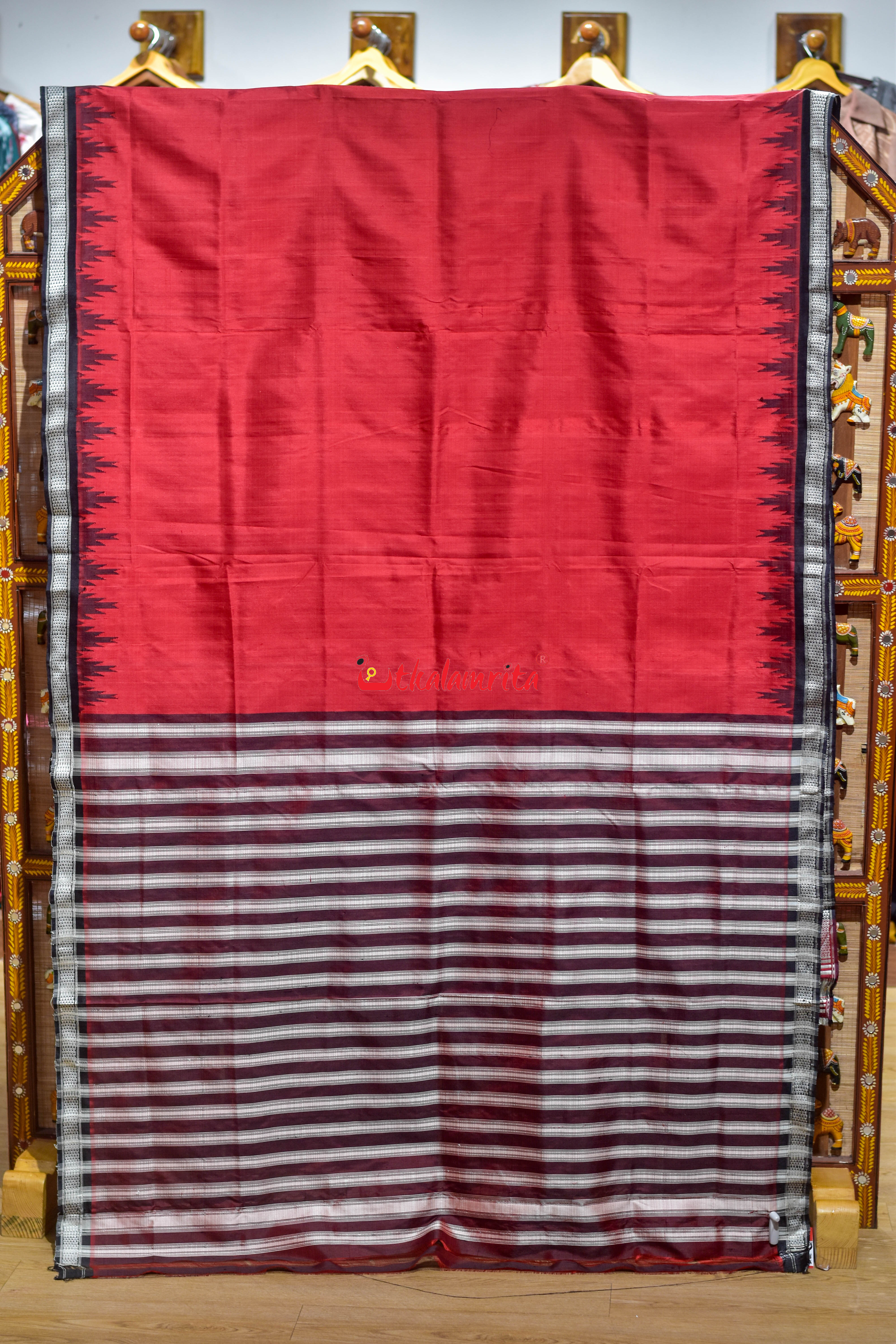 Red Black Single Anchal Berhampuri Silk Saree